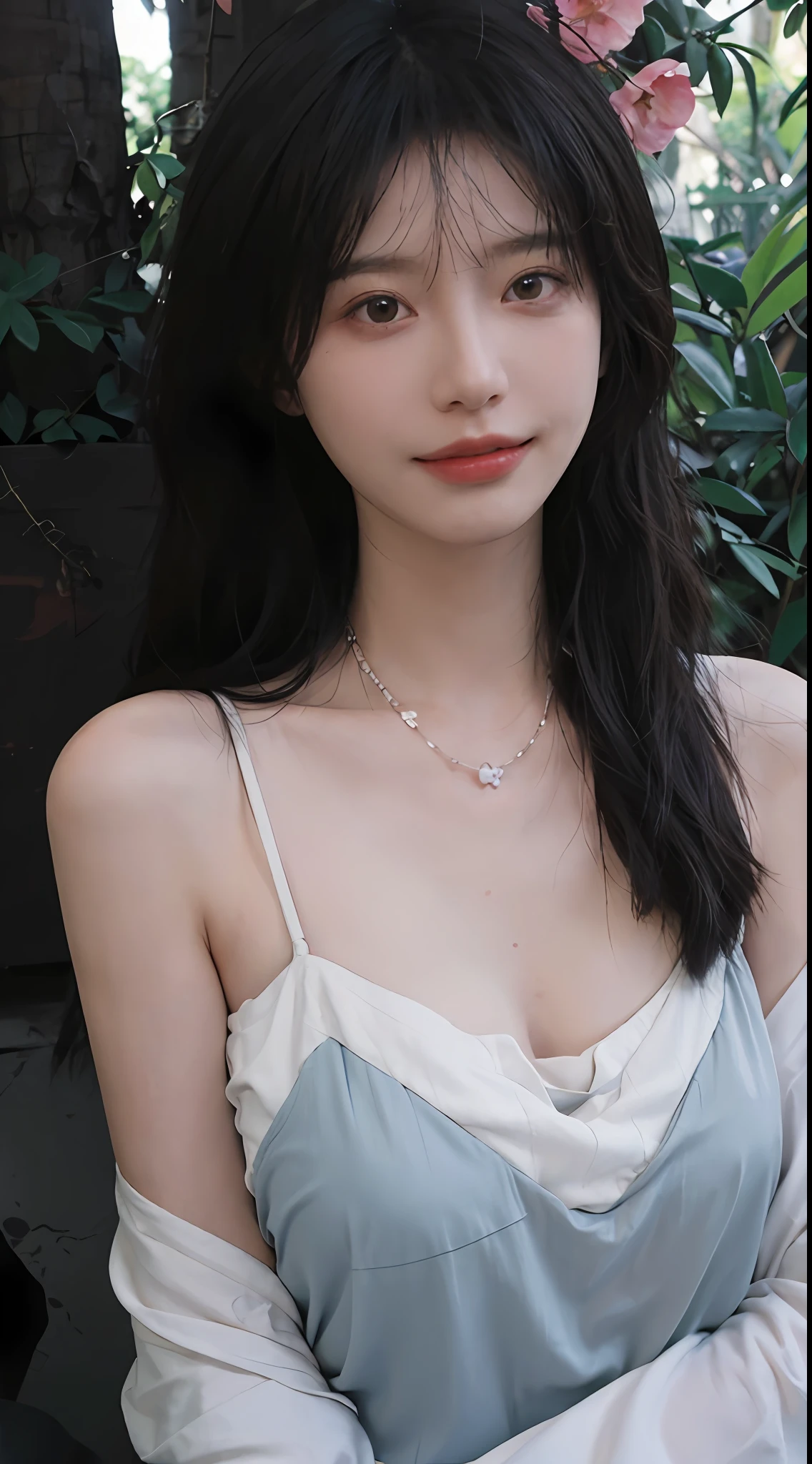 best qualtiy， 超高分辨率， （realisticlying：1.4）， Baoyu Girl， A pair of clear and moving peach blossom eyes,Royal sister，sunshine on face，with long coiled hair，（ln the forest：1.4），（choker necklace：1.2），（Fair skin：1.4），（full bodyesbian：1.2）a sense of atmosphere，a beauty girl， ssmile，head straight-looking at viewer， closeup cleavage ，(Photorealistic:1.4),1girll,Sexy,(Upper body:1.4),(Wet body),(:1.2)