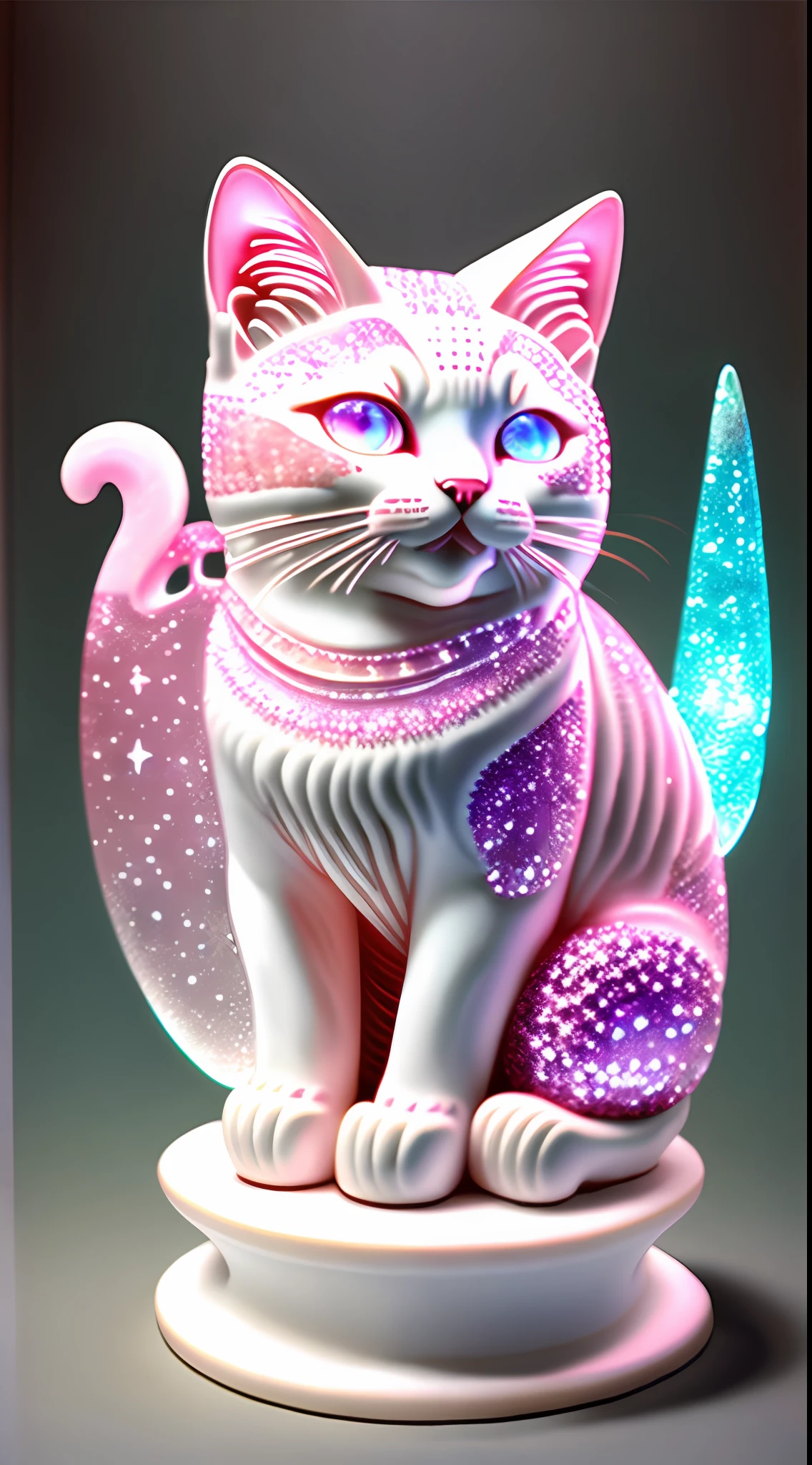 "The mid-career multiverse" Highly detailed cat carving "Southern Ice Cat" porcelain, Partially glazed, firewood, Art gallery,catss,laughingly,Open-mouthed,Funny,glittery,Clear crystal light pink