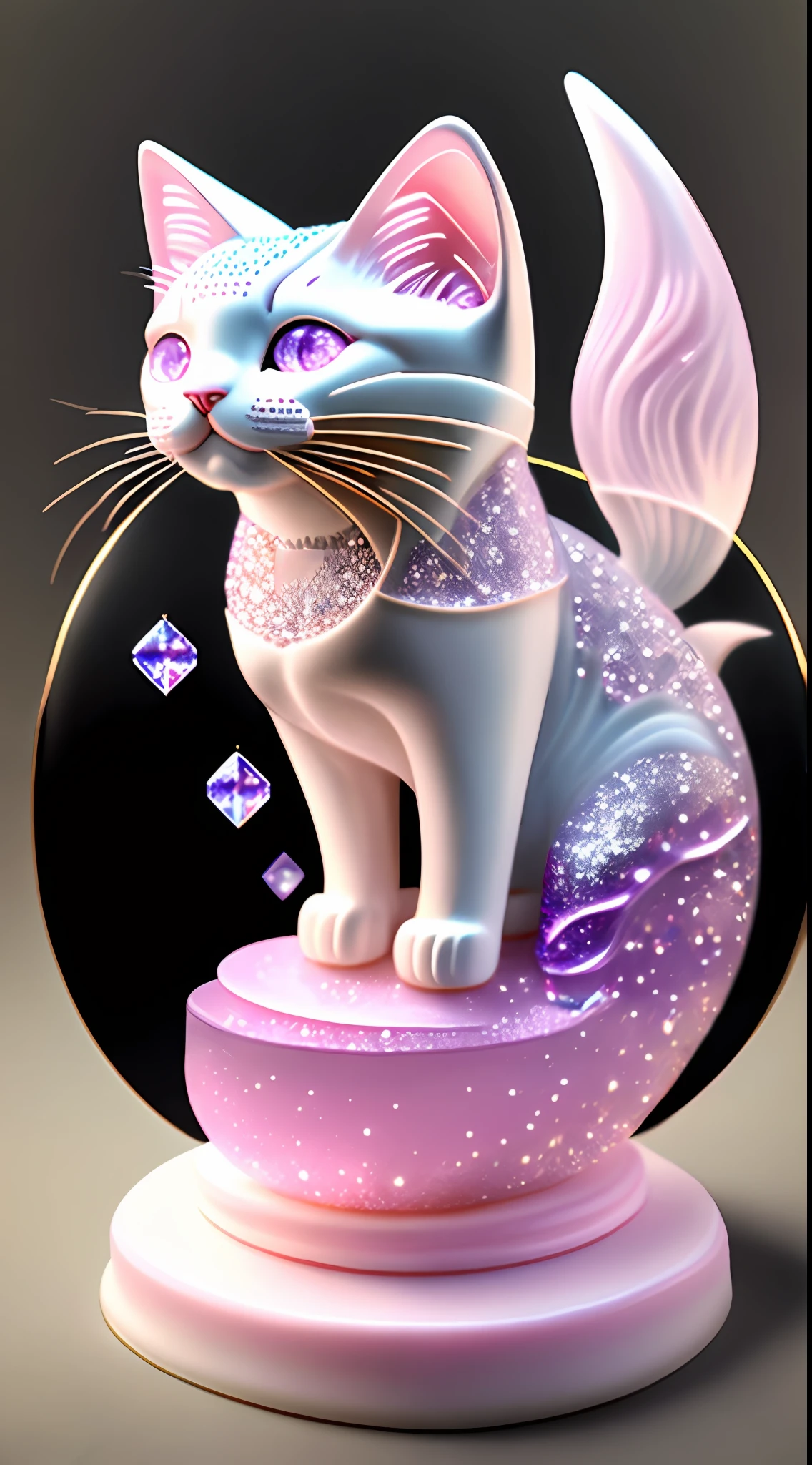 "The mid-career multiverse" Highly detailed cat carving "Southern Ice Cat" porcelain, Partially glazed, firewood, Art gallery，catss，laughingly，Open-mouthed，Funny，glittery，Clear crystal light pink