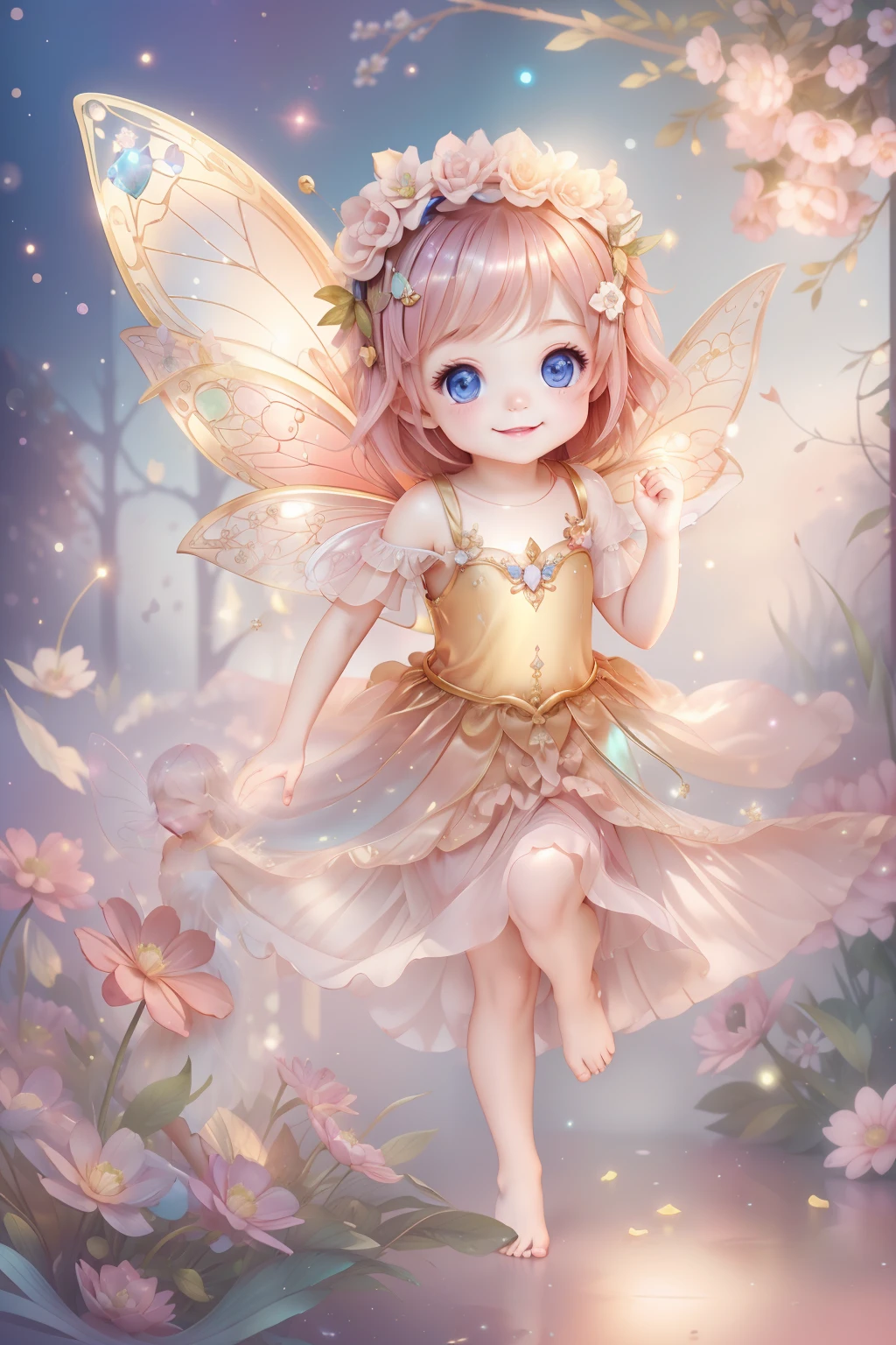 Beautiful fairy with a sense of transparency smiles brightly、Let the good times roll。For a beautiful background、Baby Fairy、Bright iridescent scenery。