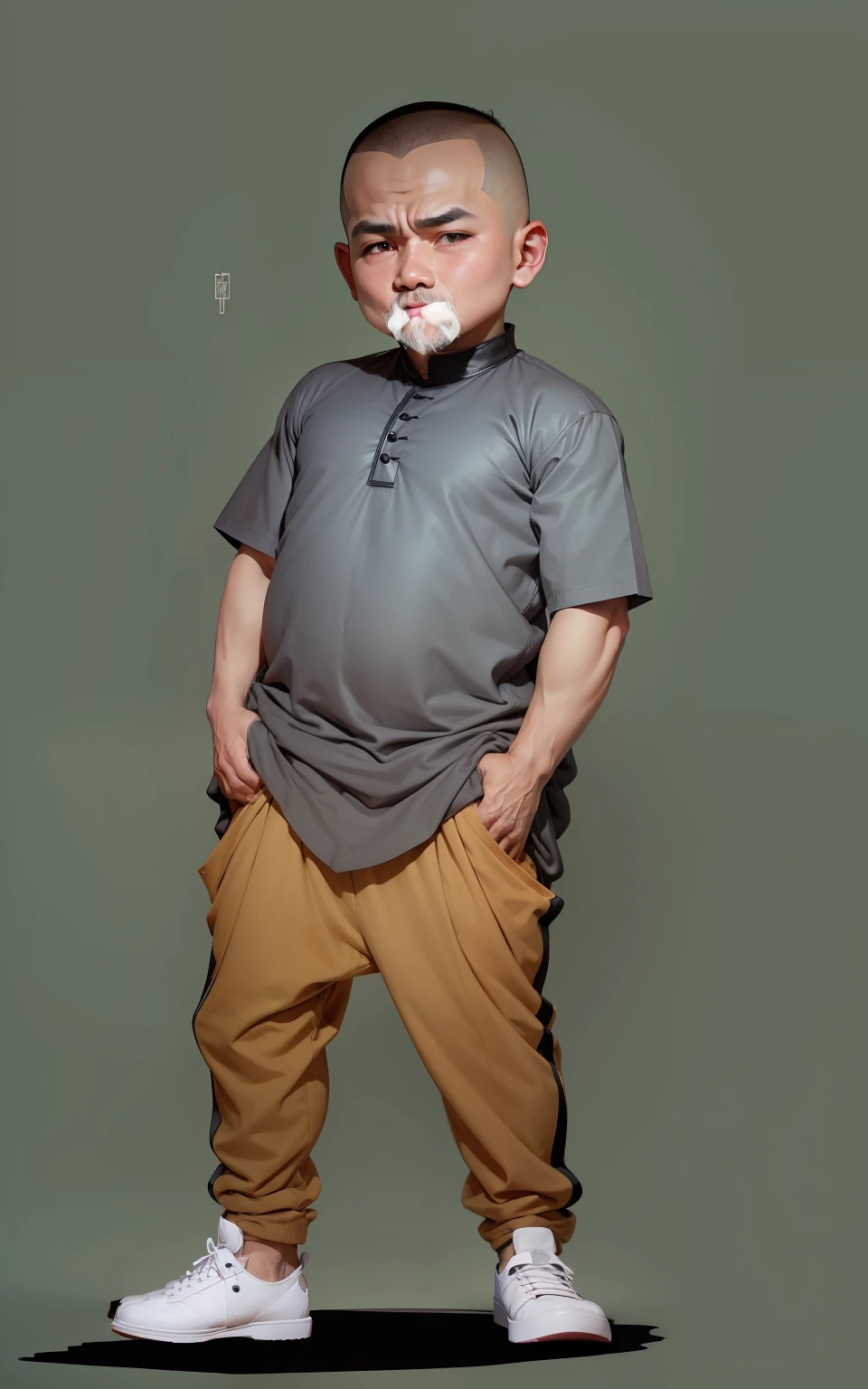 laki-laki berbadan besar, berwajah bundar halus, baju berwarna hitam, tersenyum lebar terlihat gigi, berambut hitam botak 1cm, gambar real tanpa outline