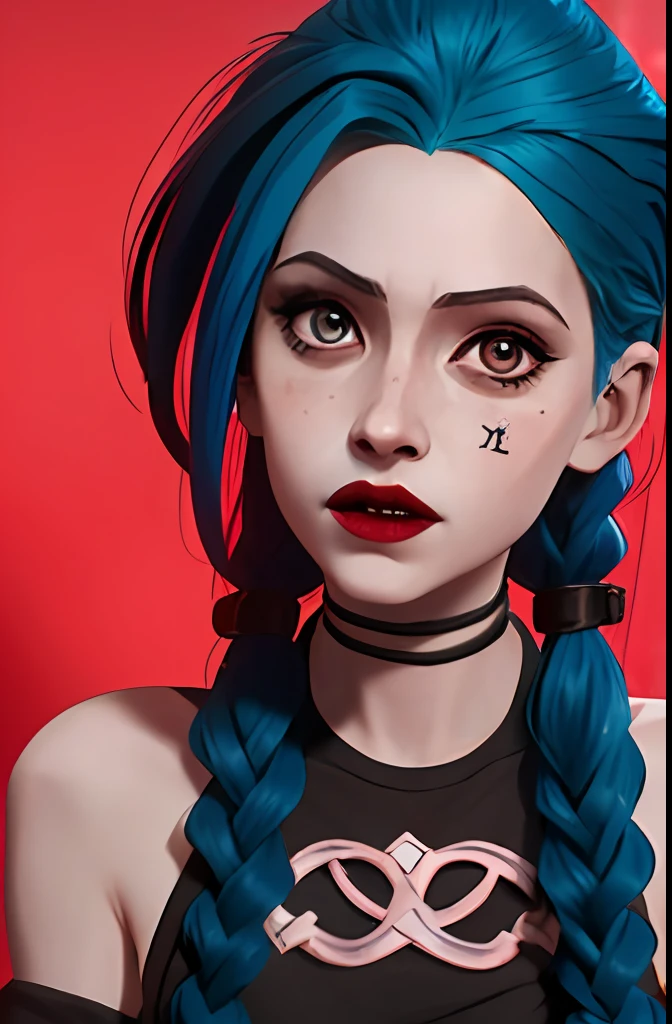 foco do rosto, retrato, jinx, olhos cor de rosa brilhantes, estilo arcano, 1girl, arm tattoo, asymmetrical bangs, franja azul, cabelo azul, pigtail, camisa marrom, olhando para o espectador, rindo , noite, cabelo azul, cabelo longo, olhos cor de rosa, red-lips, twin braids, Jinx. Jinx de Arcane, arcana, Jinx, Arcane \(liga de lendas\)