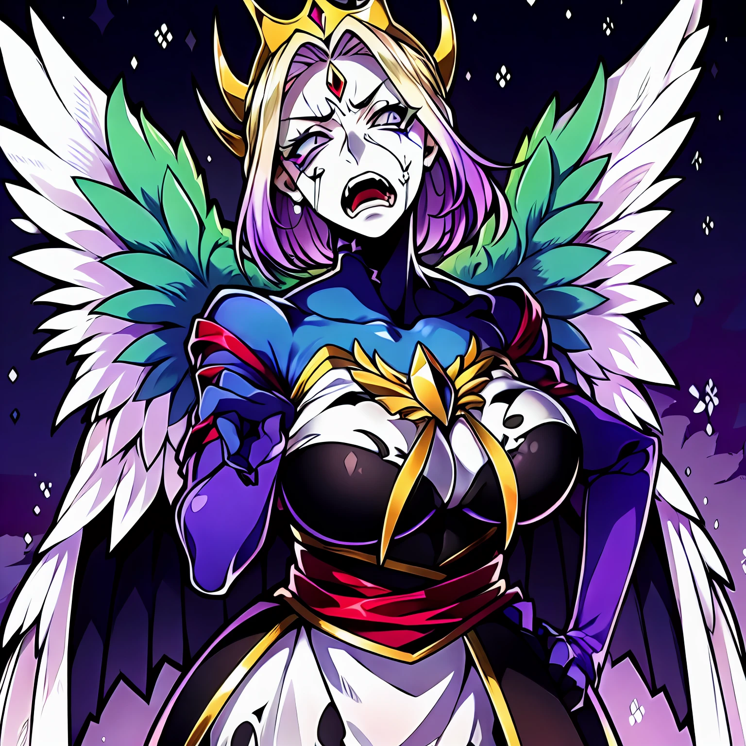 digimon \(creature\),masterpiece, best quality, Beautiful Art Style, 1boy, Solo,young man, ((Vil Schoenheit as a Digimon)), ((Evil queen from Snow White themed )),((Glass Wings)), ((Bird like)),((Purple Skin)),(( Blonde hair with a purple gradient))((White , Purple and Light blue color scheme)), Dynamic pose, Mid transformation sequence , pose(in pain , Anguish, Resistance), expression:((Screaming, Hurt, Shock)) Dark Engery, corruption