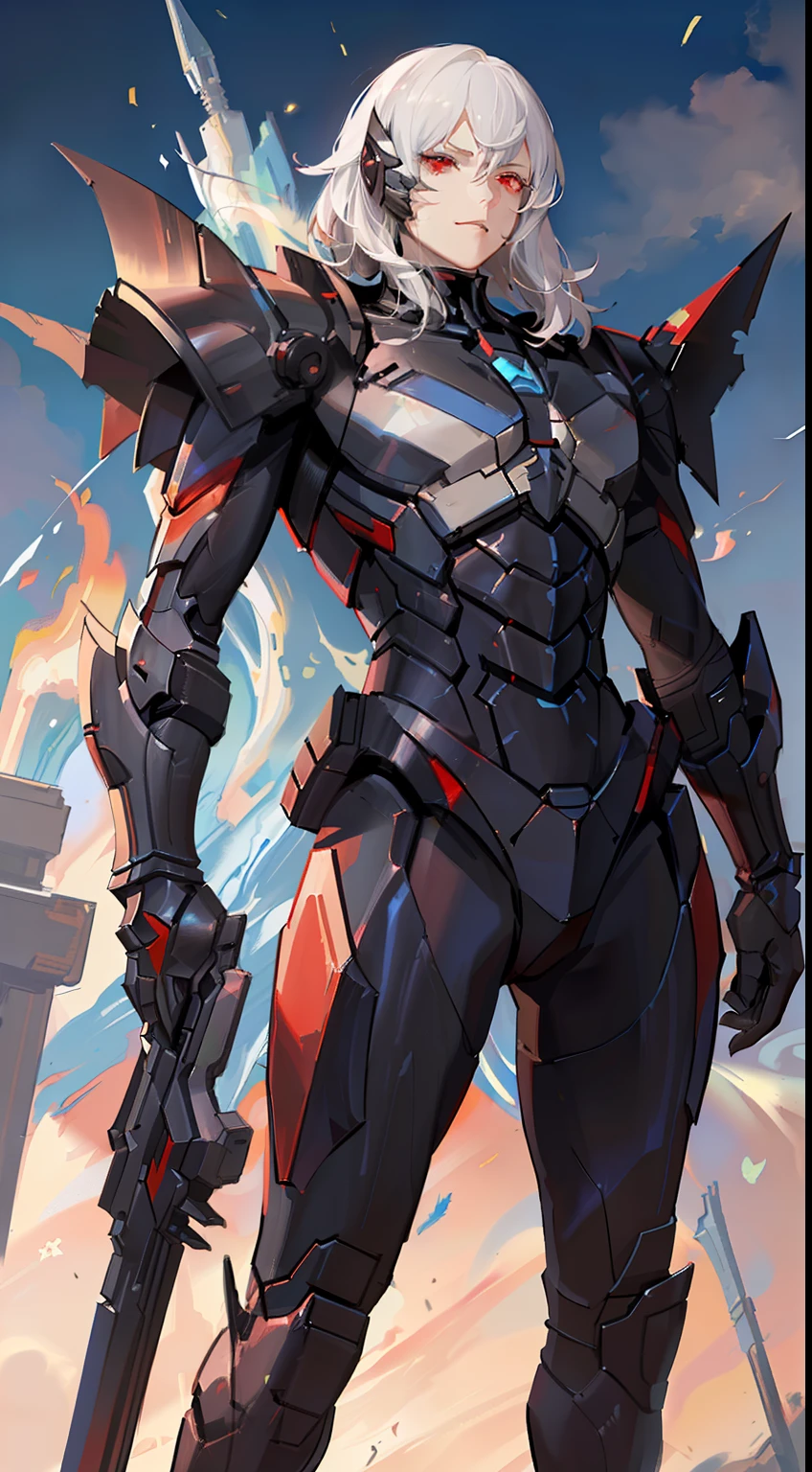 adult man, short white hair, red eyes, Decepticon armor, Starscream, smirk, flying, Masterpiece, hiquality