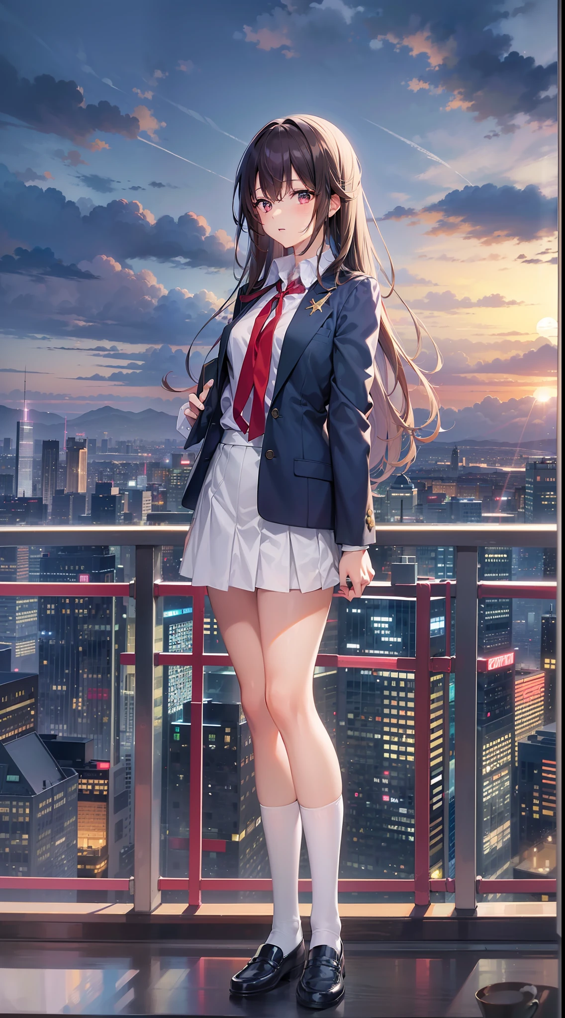 1girll, (((tmasterpiece))), top-quality, top-quality, High details, nakano azusa, 1girll, sakuragaoka high school uniform, Student clothes, double tails, long whitr hair, brunette color hair, with brown eye, 独奏, Reddish, dark blue blazer，With a thin red ribbon, Solid white buttoned shirt under blazer, illustratio, comic strip, soothing tones, pastelcolor, Soft cinematic light, Adobe Lightroom, photolab, hdr, Intricate and ultra-detailed、(((depth of fields))))。(((tmasterpiece)))。(((top-quality))).)((ultra - detailed)))。(((illustratio)))。(((takeout)))((skyscrapper))).(((view over city))).((Evening glow)).((the setting sun)).