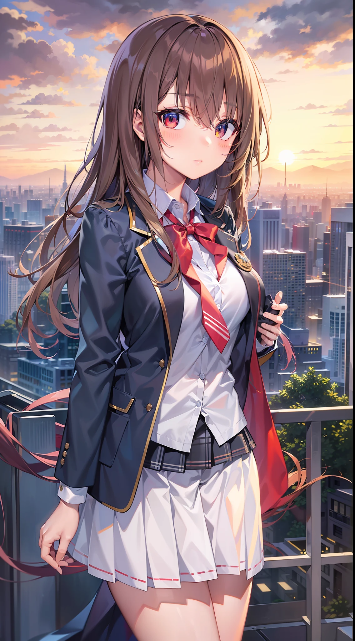 1girll, (((tmasterpiece))), top-quality, top-quality, High details, nakano azusa, 1girll, sakuragaoka high school uniform, Student clothes, double tails, long whitr hair, brunette color hair, with brown eye, 独奏, Reddish, dark blue blazer,With a thin red ribbon, Solid white buttoned shirt under blazer, illustratio, comic strip, soothing tones, pastelcolor, Soft cinematic light, Adobe Lightroom, photolab, hdr, Intricate and ultra-detailed、(((depth of fields))))。(((tmasterpiece)))。(((top-quality))).)((ultra - detailed)))。(((illustratio)))。(((takeout)))((skyscrapper))).(((view over city))).((Evening glow)).((the setting sun)).