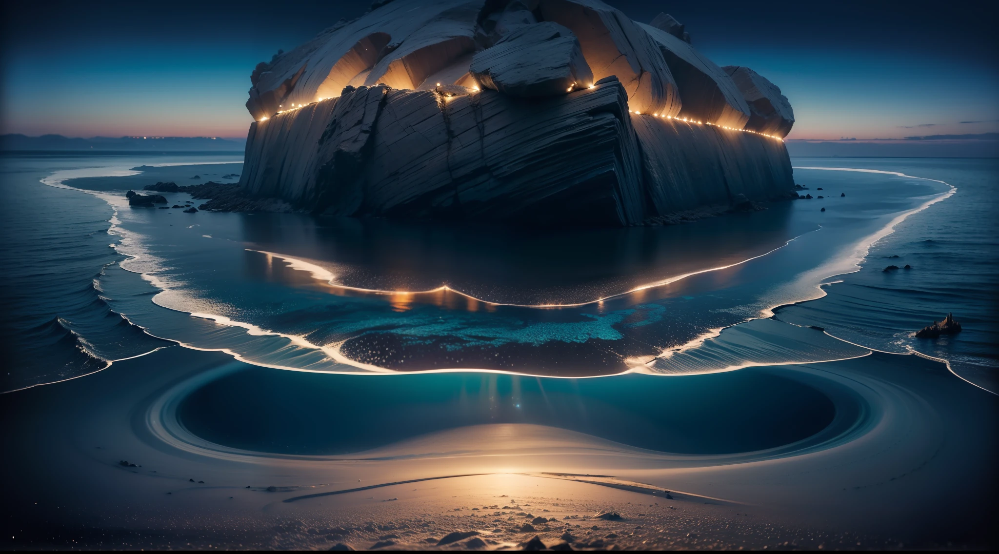 Unfathomable darkness, shimmering bioluminescence, mysterious abyss, haunting tranquility, ethereal beauty, otherworldly silence, boundless expanse, enigmatic depths. Surrounded by vast oceans.the panorama, high details, awardwinning, Best Quality, hight resolution, 8K