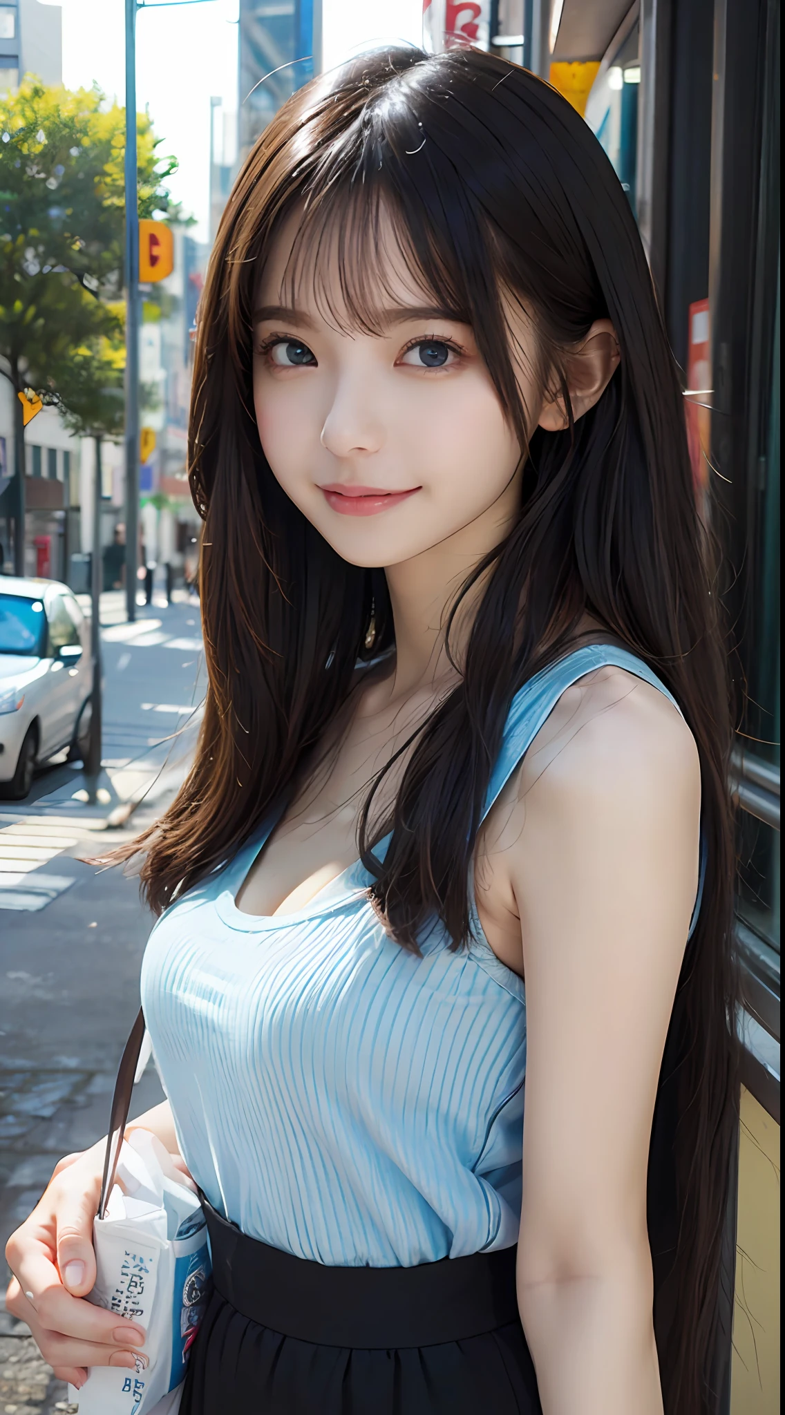 masterpiece、1 beautiful girl、A detailed eye、Puffy eyes、top-quality, 超A high resolution, (Realisticity: 1.4), OriginalPhotographs,cinematlic lighting、japanes、Super beauty、Beautiful skin、A slender、(A hyper-realistic)、(hight resolution)、(8K)、(ighly detailed)、(beautifully detailed eyes)、(ultra-detailliert)、(A detailed face)、looking at viewert、very smiling、Facing straight ahead、Black colored eyes、the body is facing forward、Light blue tank top、hotpants、Clear、Urban street trees、Trendy Korean Cosmetics、