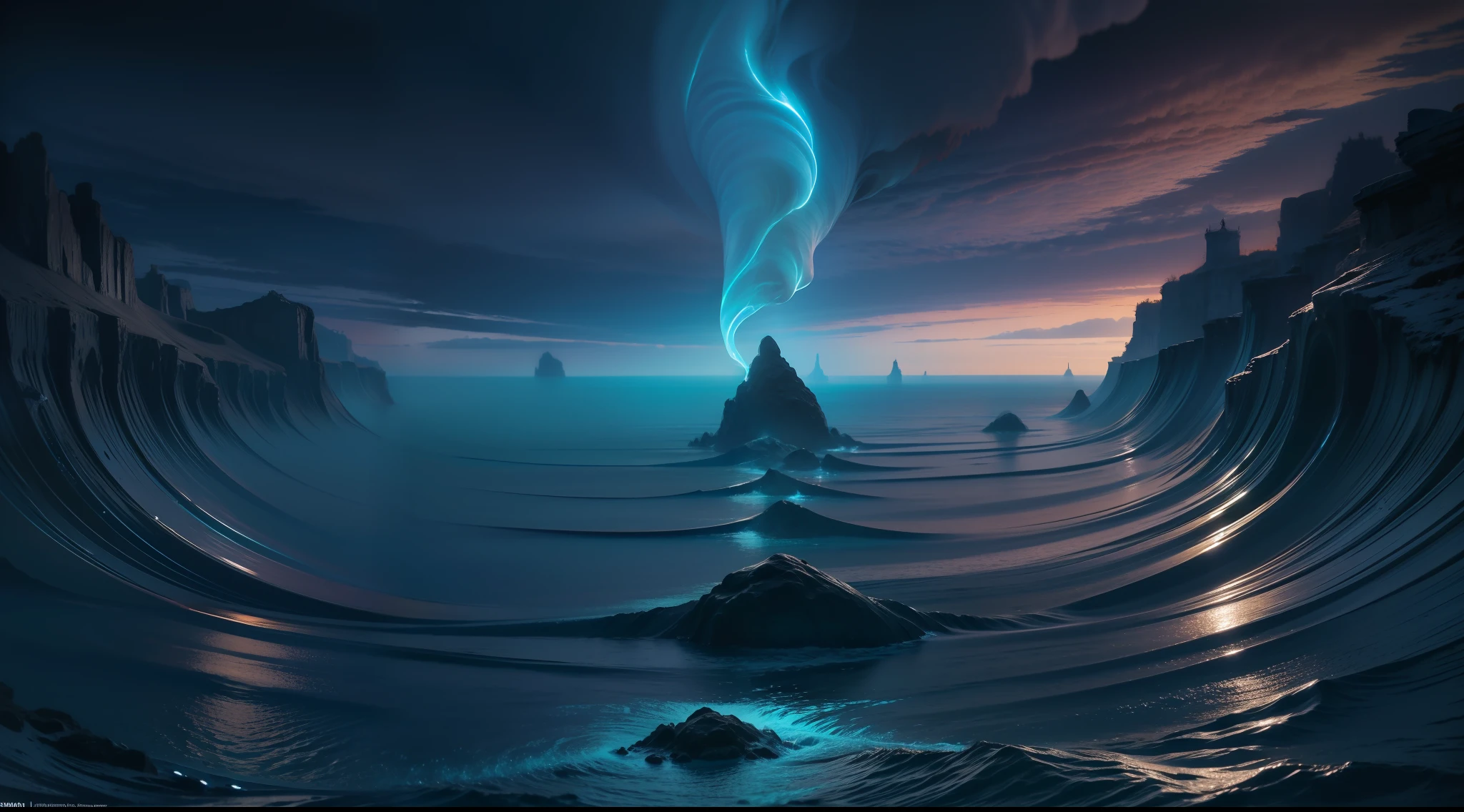 Unfathomable darkness, shimmering bioluminescence, mysterious abyss, haunting tranquility, ethereal beauty, otherworldly silence, boundless expanse, enigmatic depths. Surrounded by vast oceans.the panorama, high details, awardwinning, Best Quality, hight resolution, 8K