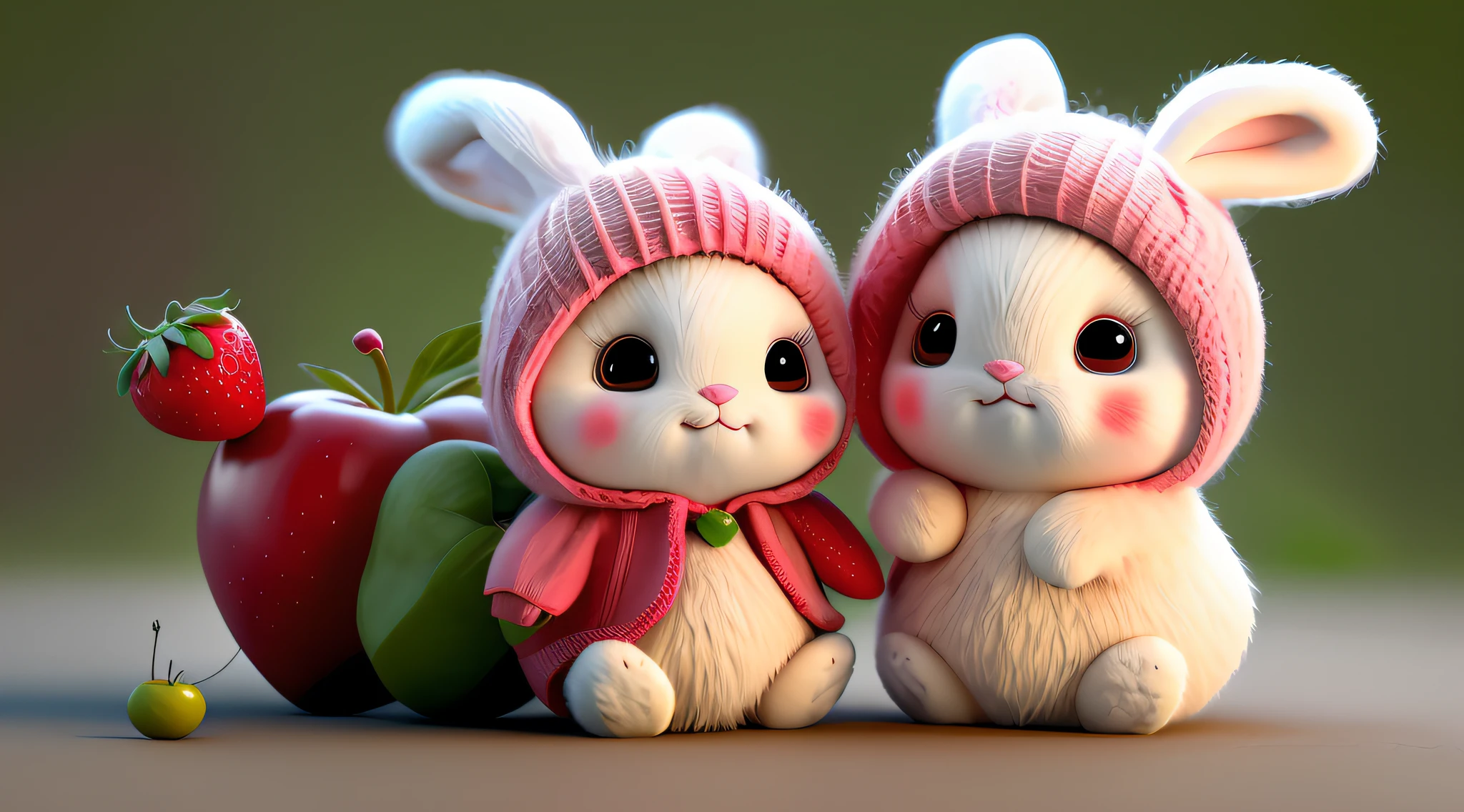 : 3. bunny, realistic, furry animal, apple, black eye, blush, cherry, food, fruit, full body, hat, non-human, strawberry, tomato, watermelon