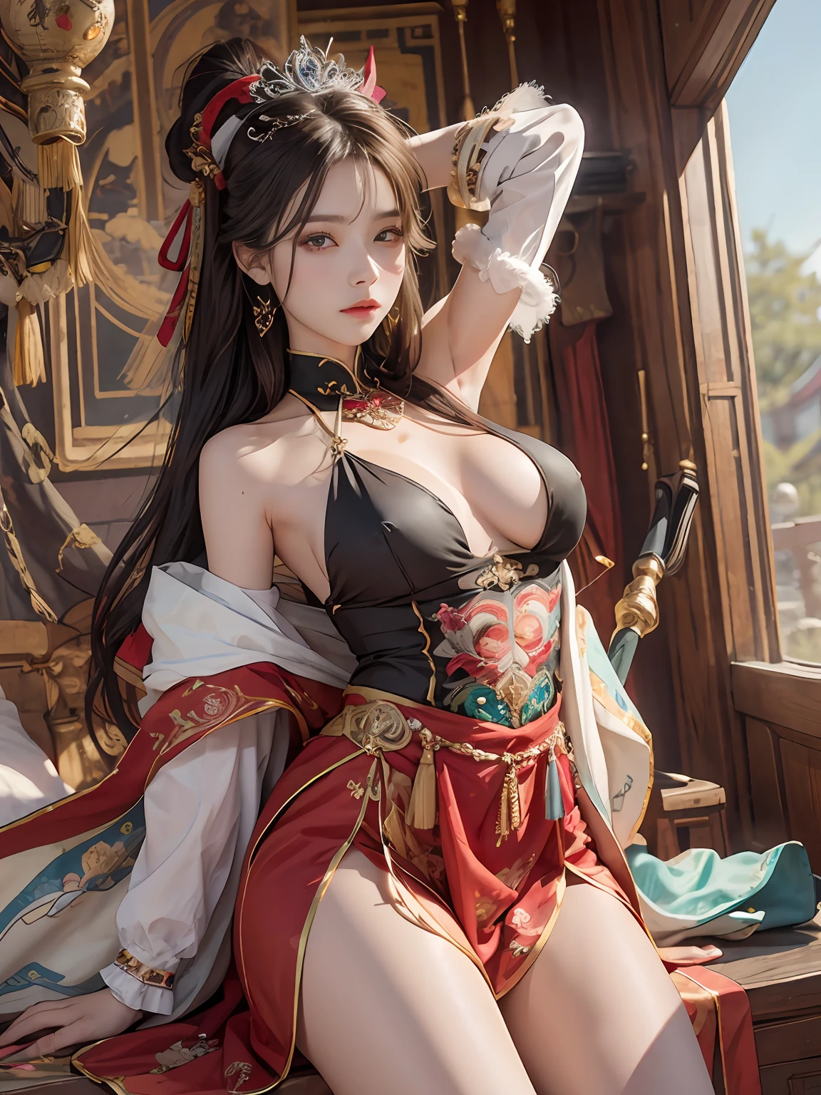 best qualtiy,tmasterpiece,((Ultra-detailed high resolution)),(Photorealsitic:1.4),RAW photogr,,illustratio,1girll,handheldweapons,(Solo exhibition:1.2),(cowboy lens:1.2),(Hair crown:1.2),Traditional costumes of Dunhuang, China,No shoulder strap,(Red eyeliner:1.2),(Black eyes:1.4),耳Nipple Ring,Dynamic Angle,opera house,Messy_Long_Hair,ink,电影灯光,lens_flare,velvet,Peonies,nipple tassels,Ribbons,color embroidery,Upper body body,facing at camera,dynamicposes,Large,Embroidered cloth shoes