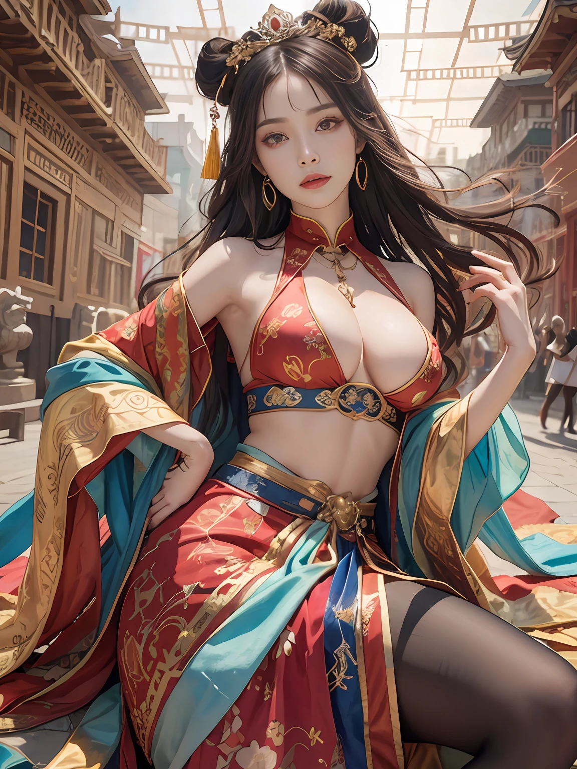 best qualtiy，tmasterpiece，((Ultra-detailed high resolution))，（Photorealsitic：1.4），RAW photogr，，illustratio，1girll，handheldweapons，（Solo exhibition：1.2），（cowboy lens：1.2），（Hair crown：1.2），Traditional costumes of Dunhuang, China，No shoulder strap，（Red eyeliner：1.2），（Black eyes：1.4），耳Nipple Ring，Dynamic Angle，Broken temple，sculpted，Messy_Long_Hair，ink，电影灯光，lens_flare，velvet，Peonies，nipple tassels，Ribbons，color embroidery，Upper body body，facing at camera，dynamicposes，Large，Embroidered cloth shoes