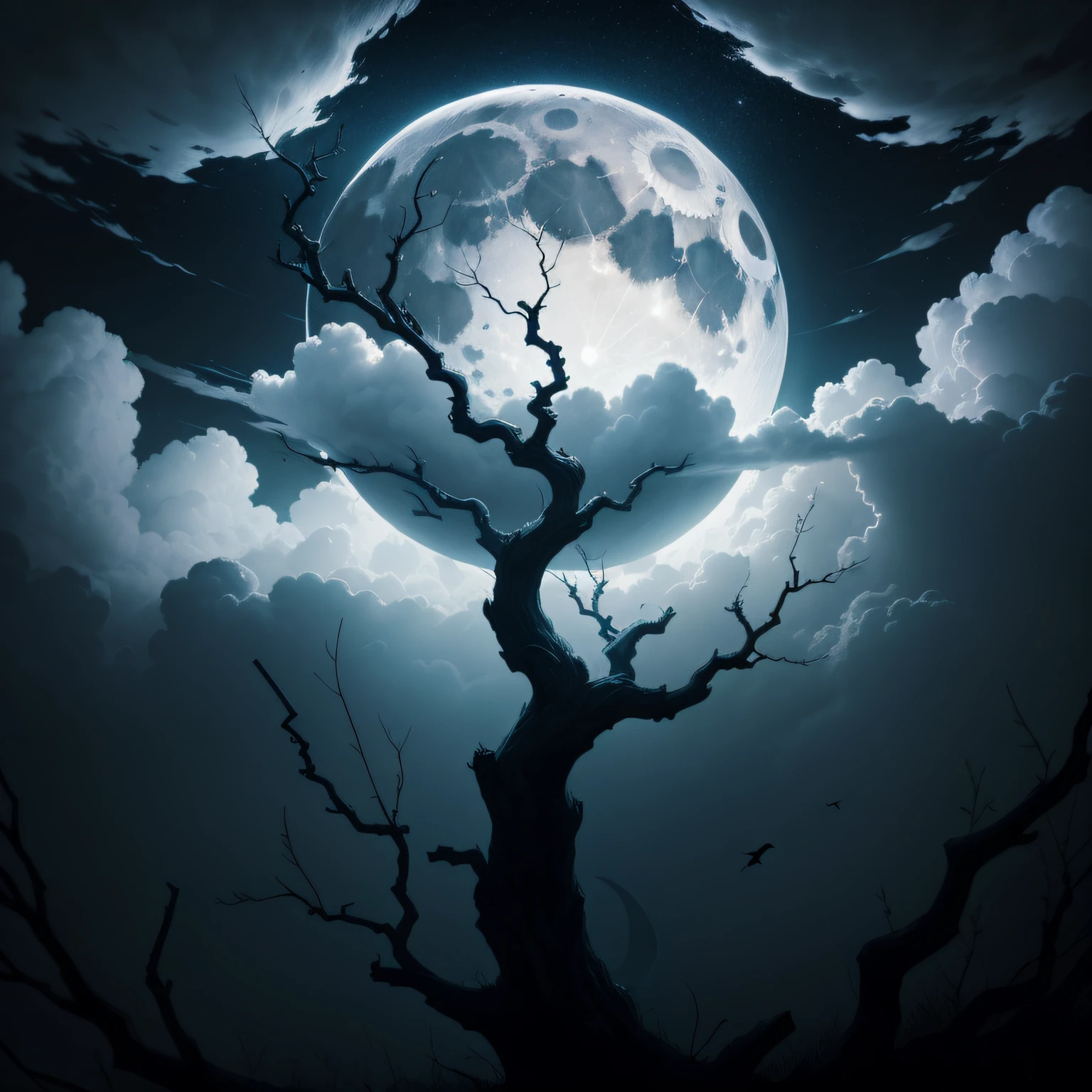 The moon dark clouds dead branches