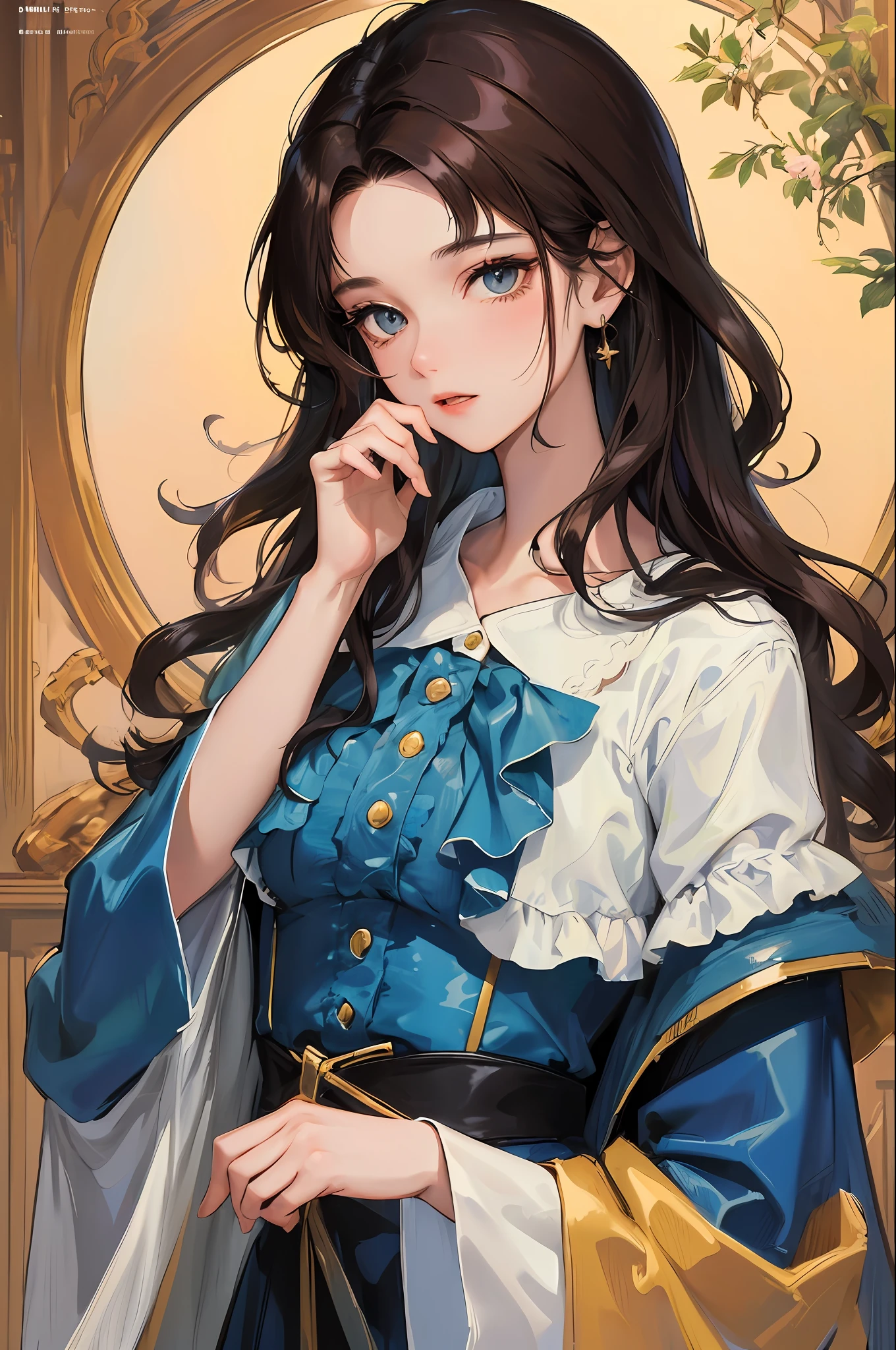 high high quality，tmasterpiece，Delicate facial features，Delicate hair，Delicate eyes，A girl with long black hair，Wearing a blue jacket，long brown curly hair，retro shirt，Guweiz-style artwork，Comic panel from 1990，MagazineCover，8K high quality detailed art（Delicate facial portrayal）（Fine hair portrayal）（highest  quality）（Master masterpieces）（High degree of completion）（a sense of atmosphere）8k wallpaper，tmasterpiece，Best quality at best，ultra - detailed