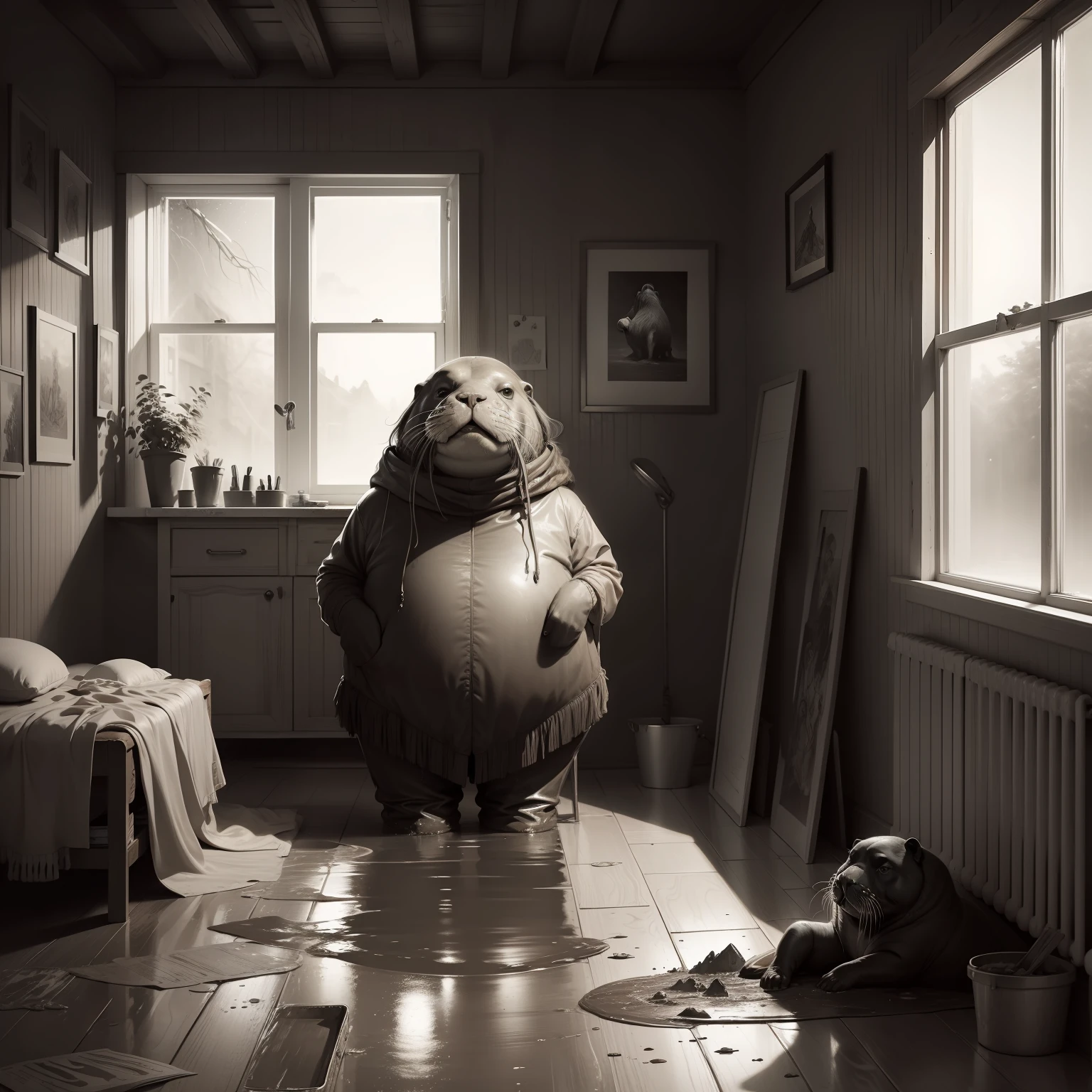 a young walrus, in the mud, looking sad, inside a room, high resolution, fantasy drawing, pencil strokes, black and white