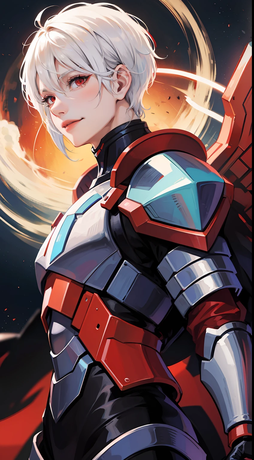 adult man, short white hair, red eyes, Decepticon armor, Starskrim, smirk, flying, Masterpiece, hiquality
