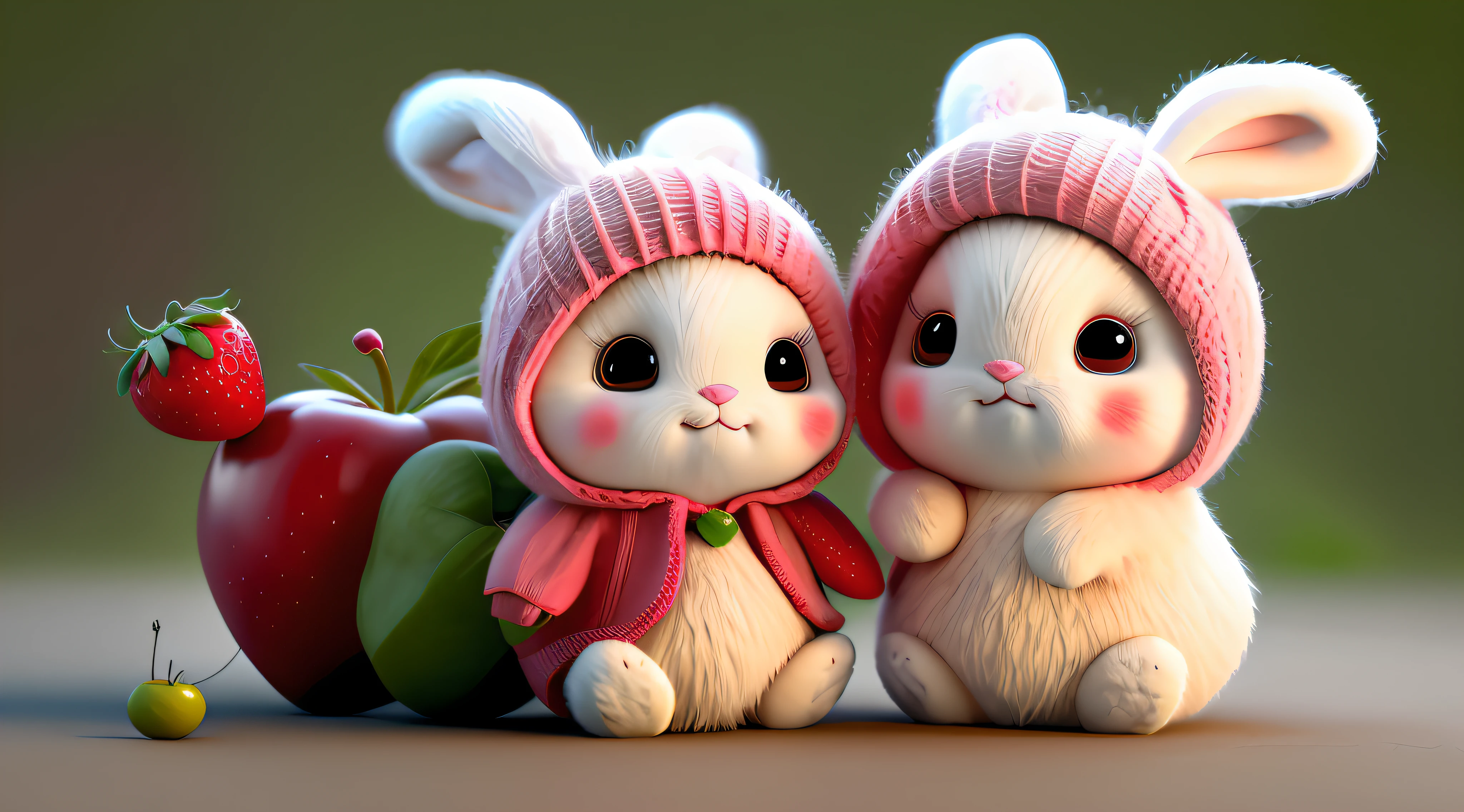 : 3. bunny, realistic, furry animal, apple, black eye, blush, cherry, food, fruit, full body, hat, non-human, strawberry, tomato, watermelon