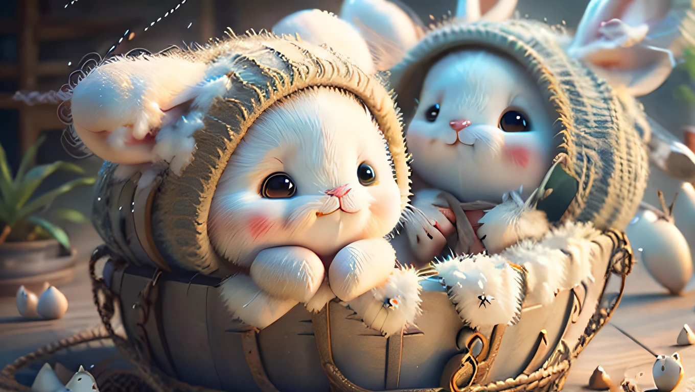 (Very detailed CG work, highest quality, detail everywhere) rabbit, (very cute: 1.3, white fluffy, black and white eyes: 1.2), rabbit ears: 1.2), glass cellulose clothing, small hairpin, habitual, (show details of the shot,), details should be very realistic, frame by frame to depict every detail, make the work more infectious.