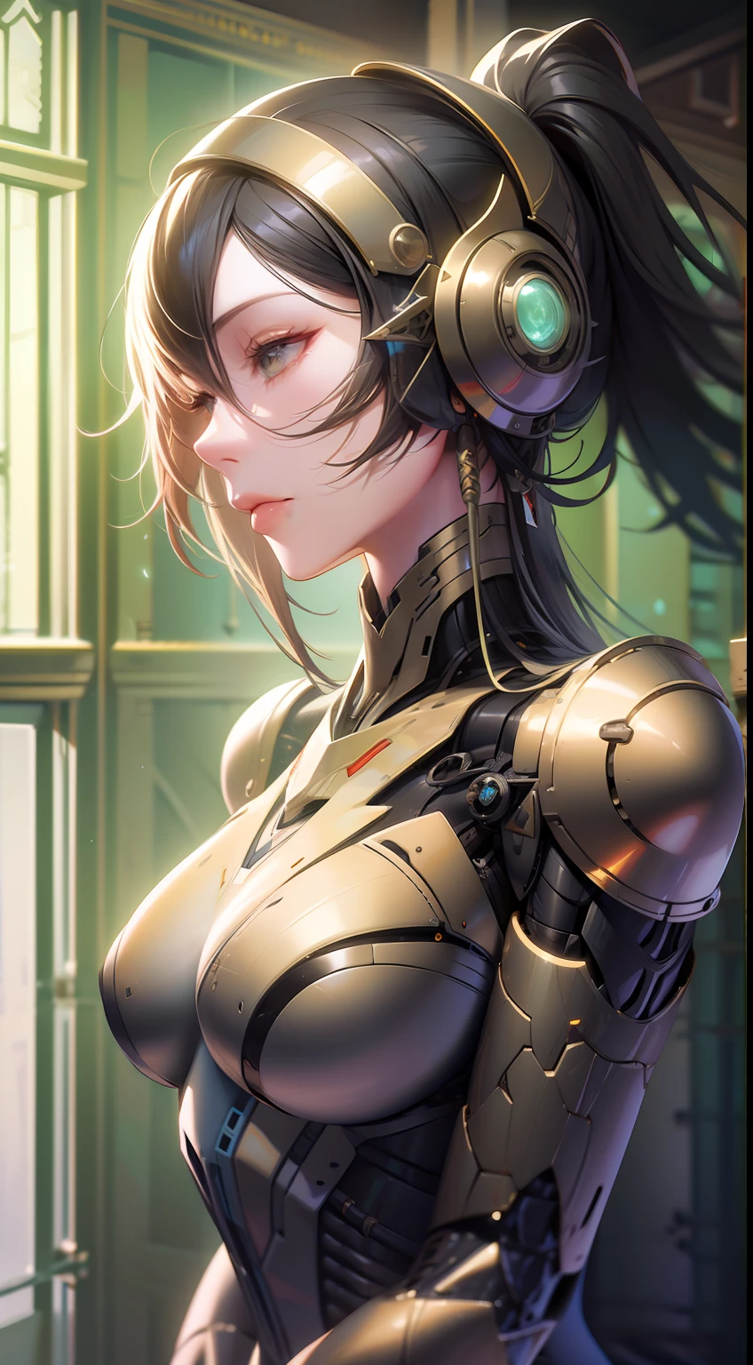 Close-up of painting of a robot holding a sword,  female mech, Cyborg Woman, beautiful robot character design, anime robotic mixed with organic, Feminine, cool mecha style, (Photorealsitic), (​masterpiece, :1.3),(top-quality:1.4), (超A high resolution:1.2), 超A high resolution, (A detailed eye), (detailed facial features), nffsw, 8K分辨率, (lensflare:0.7),full body art