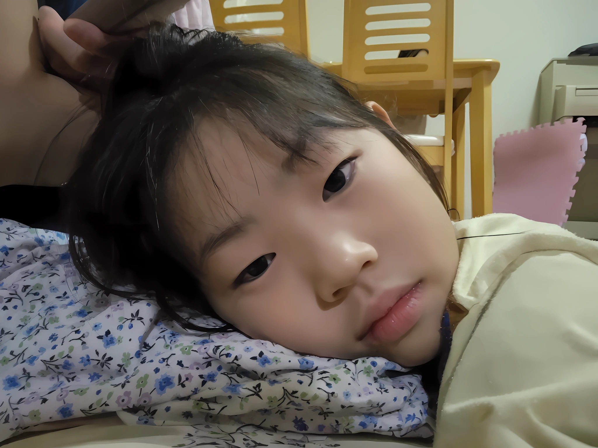 There is a lying in bed with a pillow, Young adorable Korean face, captured with sony a3 camera, Korean Girl, taken with sony alpha 9, sleepy expression, jaeyeon nam, Young Asian Girl, wan adorable korean face, squinting, young cute wan asian face, Tired face, taken with sony a7r camera, she has tired eyes