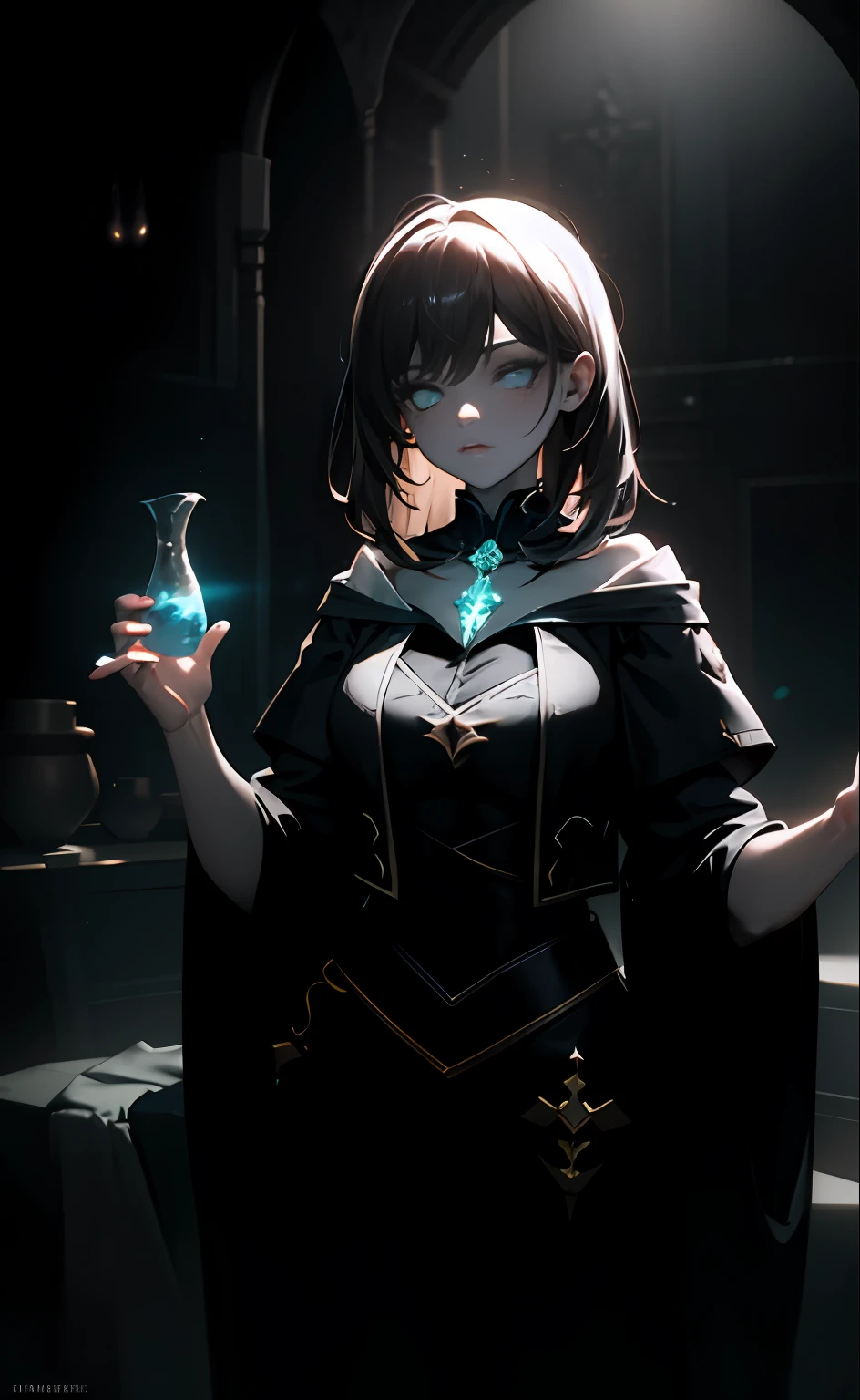 masterpiece, best quality, 1girl, mixing potions, dark moody lighting, glow, glowing, mysterious, mystical, magical, rim lighting