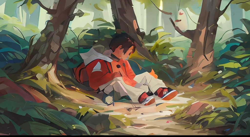 There is a boy sitting on the ground in the forest, Arte infantil em Artstation, sentado no forrest, painting digital adorable, Loish e Goro Fujita, arte digital detalhada bonito, Directed by: Jason Chan, inspirado em Yeong-Hao Han, inspirado em Goro Fujita, fanart detalhado, por Li Song, 2d illustration, 2d illustration