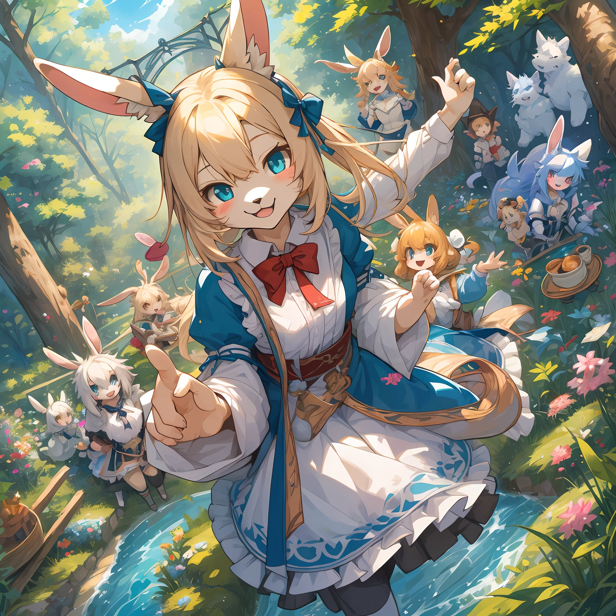 top quality, best quality, High-quality illustrations, masterpiece, super high resolution, detailed background, detailed background, Alice's Adventures in Wonderland, White Rabbit, Mad Tea-Party, group shot:0.1, 6+boys, 6+girls, Happy, joyful, absurdres(highly detailed beautiful face and eyes)perfect anatomy(kemono, furry anthro)selfie:0.1,