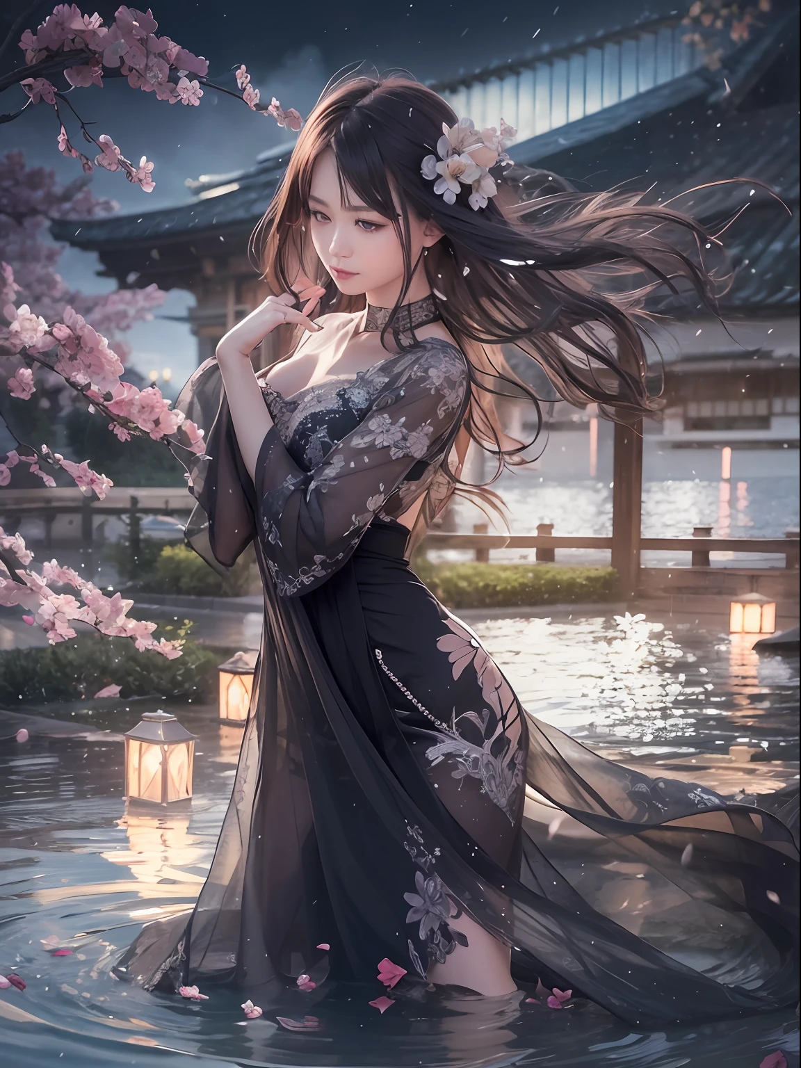 loose outfit、Show shoulders、Dark Color String Dress、How to wear a black gown、Decorated with intricate patterns and bright colors、Transparent material that makes the skin shine、Artistic depiction of seductive woman in gown with wet thin cloth and transparent skin, Floral and fantastic pattern with flowing silky traditional see-through skin。Her dress draped elegantly around her curvaceous figure、Emphasizes her charming silhouette。She's a gentle fireworks night、Dynamic Posing、Sexy Posing、bathed in the soft glow of moonlight。The scene is、With a hint of mystery and sensuality、It exudes an ethereal dreamy atmosphere。The image style is、It incorporates a blend of watercolor and digital illustration techniques.、It makes you feel delicate beauty and charm。Soft moonlit lighting、Cast gentle highlights and shadows on her mesmerizing features。Dynamic Posing、Bold poses、The hand is somewhere、see -through、show through、A sexy、Wet hair、Wet、（cherry trees、flower petals、cherryblossom、The cherry tree、Sakura Snowstorm 1.5）、buried、Transparent skin、Wet clothes、（Chest 1.2）、Navel Ejection、Swaying in the wind、Burgundy、pale red、（Slouch 1.5）、Lace color、lace choker、a choker、Lie on your back on the surface of the water、New lining、