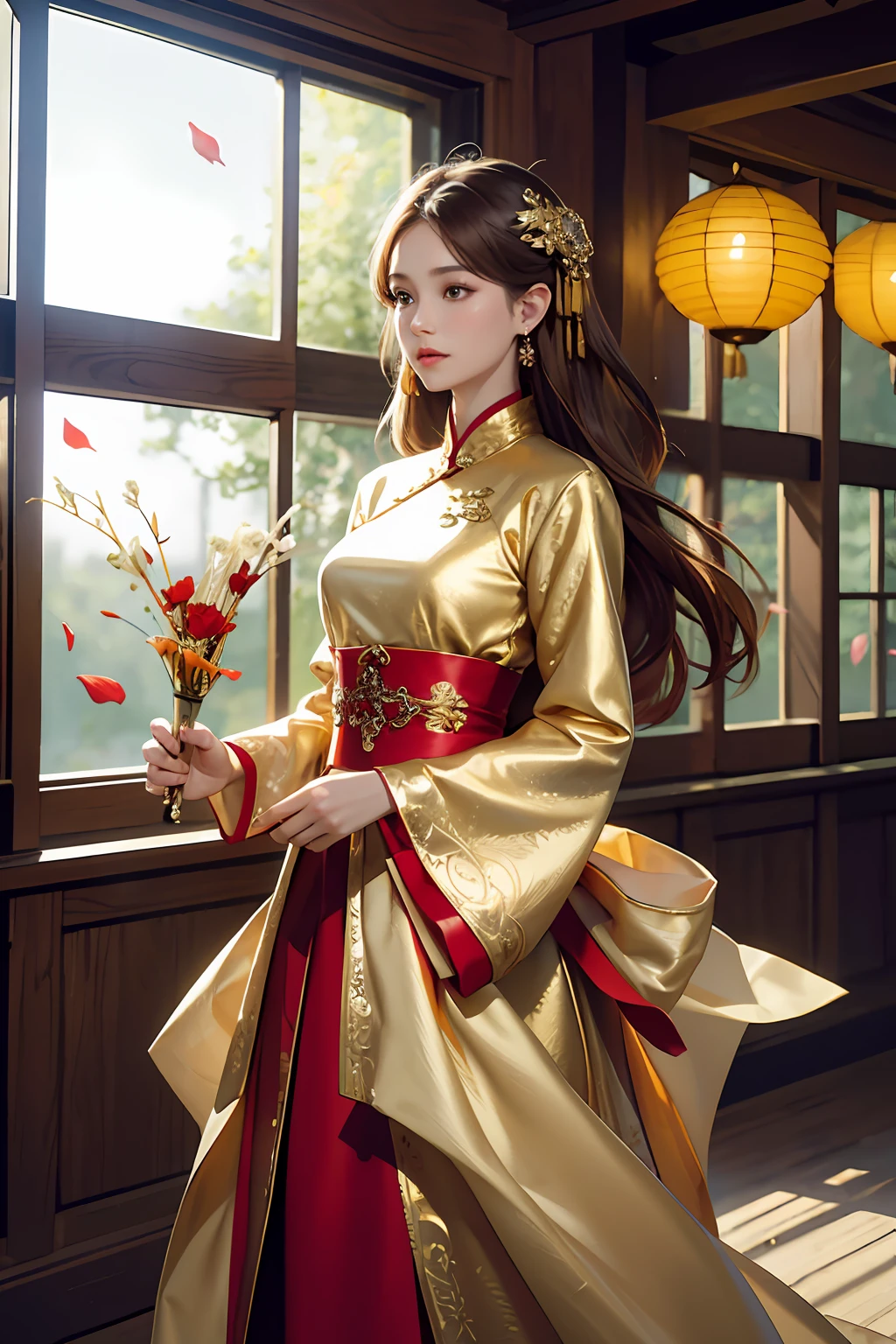 best quality, masterpiece, highres, (exquisite body:1.5),gorgeous face,(milky skin:1.3),intricate details,high resolution,wallpaper,
1girl, solo, dress, hair ornament, (((gold and red dress))), flowers, long hair, brown hair, closed mouth, jewelry, long sleeves, hand up, wide sleeves, big eyes,floating hair, chinese clothes, hanfu, embroidery, long skirt, natural pose, falling petals, indoor,fanning, lantern,
16K,HDR,highres,depth field,(film grain:1.1),boken,golden hour,(lens flare),vignette,rainbowing,(color grading:1.5)