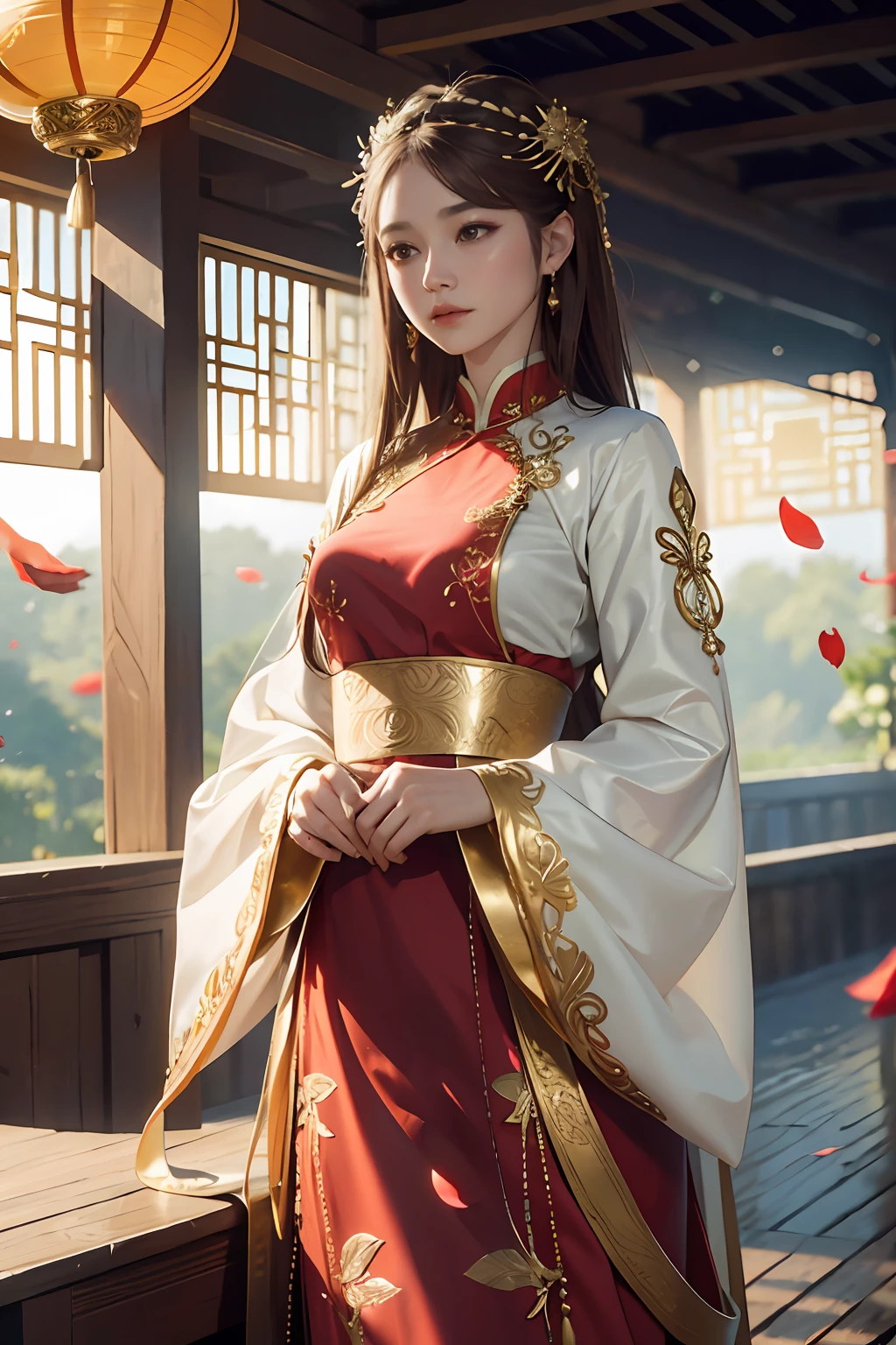 best quality, masterpiece, highres, (exquisite body:1.5),gorgeous face,(milky skin:1.3),intricate details,high resolution,wallpaper,
1girl, solo, dress, hair ornament, (((gold and red dress))), flowers, long hair, brown hair, closed mouth, jewelry, long sleeves, hand up, wide sleeves, big eyes,floating hair, chinese clothes, hanfu, embroidery, long skirt, natural pose, falling petals, indoor,fanning, lantern,
16K,HDR,highres,depth field,(film grain:1.1),boken,golden hour,(lens flare),vignette,rainbowing,(color grading:1.5)