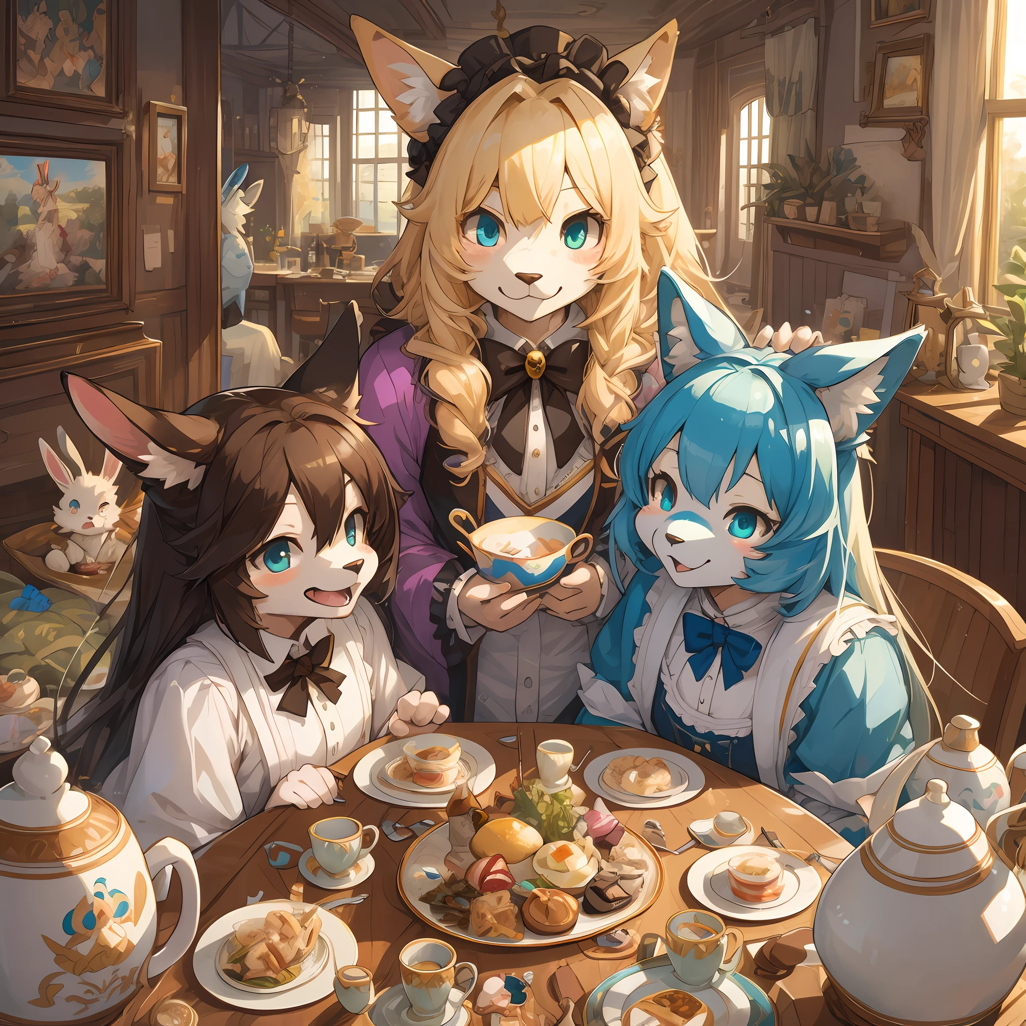 top quality, best quality, High-quality illustrations, masterpiece, super high resolution, detailed background, detailed background, Alice's Adventures in Wonderland, White Rabbit, Mad Tea-Party, group shot:0.1, 6+boys, 6+girls, Happy, joyful, absurdres(highly detailed beautiful face and eyes)perfect anatomy(kemono, furry anthro)selfie:0.1,