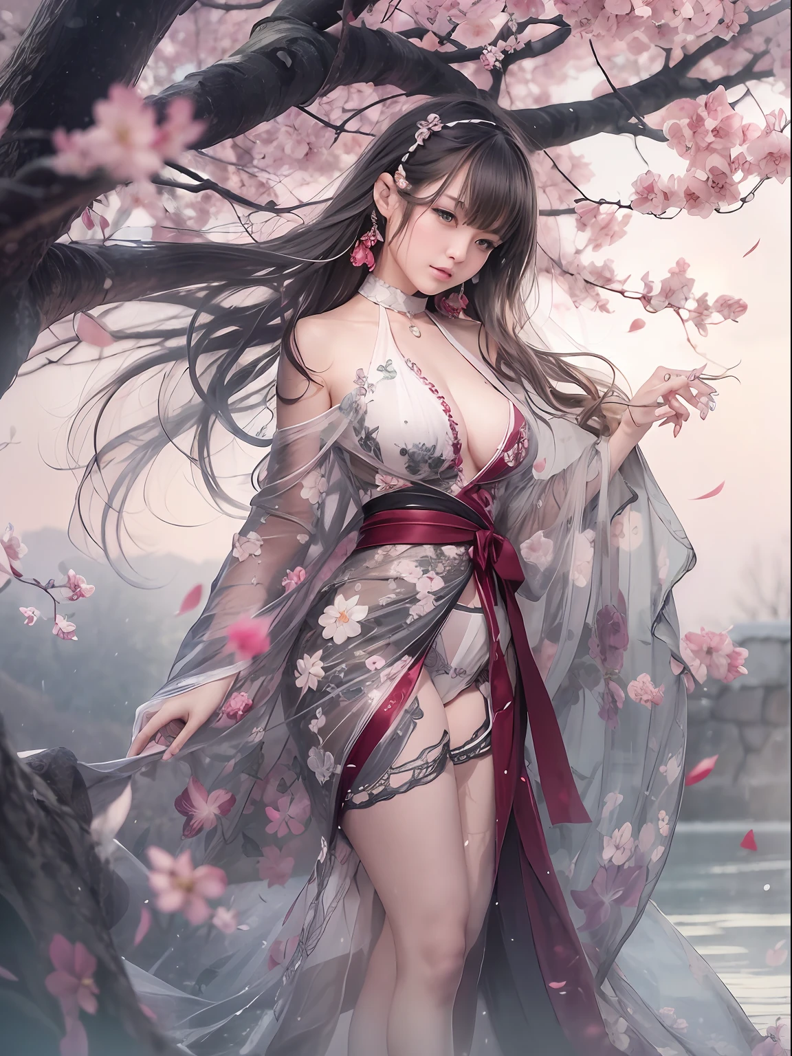 loose outfit、Show shoulders、Dark Color String Dress、How to wear a black gown、Decorated with intricate patterns and bright colors、Transparent material that makes the skin shine、Artistic depiction of seductive woman in gown with wet thin cloth and transparent skin, Floral and fantastic pattern with flowing silky traditional see-through skin。Her dress draped elegantly around her curvaceous figure、Emphasizes her charming silhouette。She's a gentle fireworks night、Dynamic Posing、Sexy Posing、bathed in the soft glow of moonlight。The scene is、With a hint of mystery and sensuality、It exudes an ethereal dreamy atmosphere。The image style is、It incorporates a blend of watercolor and digital illustration techniques.、It makes you feel delicate beauty and charm。Soft moonlit lighting、Cast gentle highlights and shadows on her mesmerizing features。Dynamic Posing、Bold poses、The hand is somewhere、see -through、show through、A sexy、Wet hair、Wet、(cherry trees、flower petals、cherryblossom、The cherry tree、Sakura Snowstorm 1.5)、buried、Transparent skin、Wet clothes、(Chest 1.2)、Navel Ejection、Swaying in the wind、Burgundy、pale red、(Slouch 1.5)、Lace color、lace choker、a choker、Lie on your back on the surface of the water、New lining、