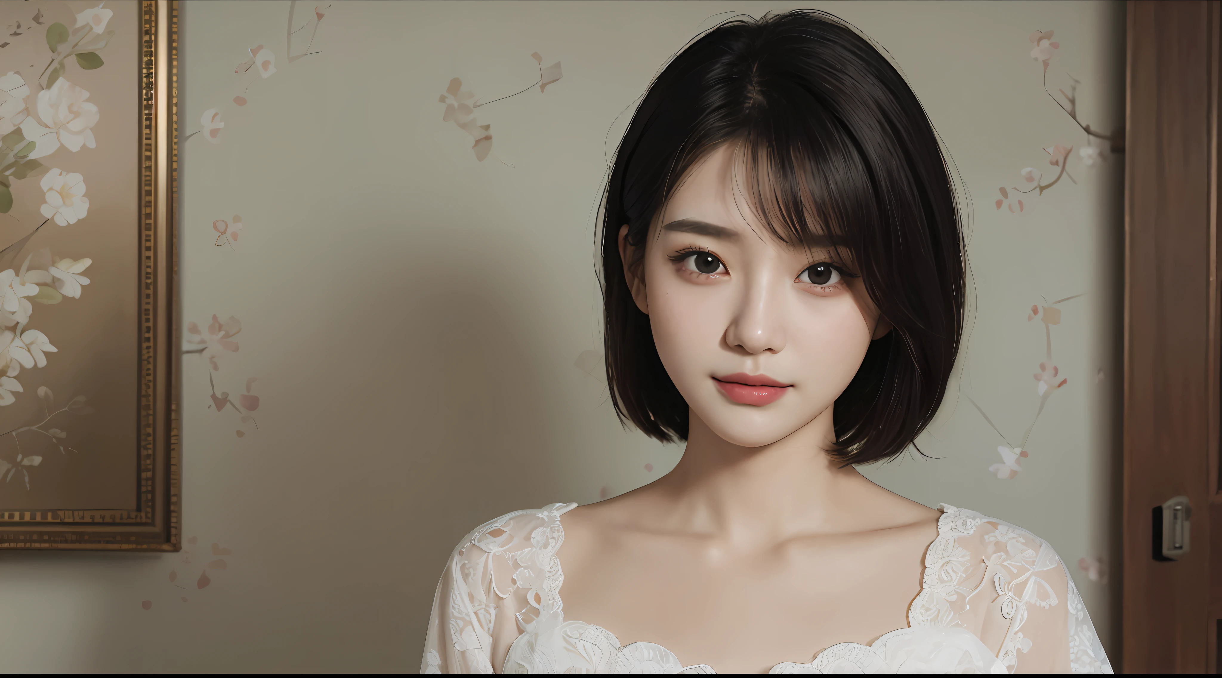 ​masterpiece、The highest image quality、hightquality、Beautuful Women、japanes、Popular Korean Makeup、detaileds、Swollen eyes、A detailed eye、Detailed skin、Beautiful skins、超A high resolution、(Realistis:1.4)、very extremely beautiful、Slightly younger face、Beautiful skins、thin-waist、(A hyper-realistic)、(illustratio)、(hight resolution)、(8K)、(ighly detailed)(The best illustrations)、(beautifully detailed eyes)、(ultra-detailliert)、(wall-paper)、(详细的脸)、looking at the viewers、fine detailed、 A detailed face、pureerosfaceace_v1、a smile、Looking straight ahead、photos realistic、Bright lighting、profetional lighting、A dark-haired、(((very_short_hair)))、brightly lit room、painterly、picture frame