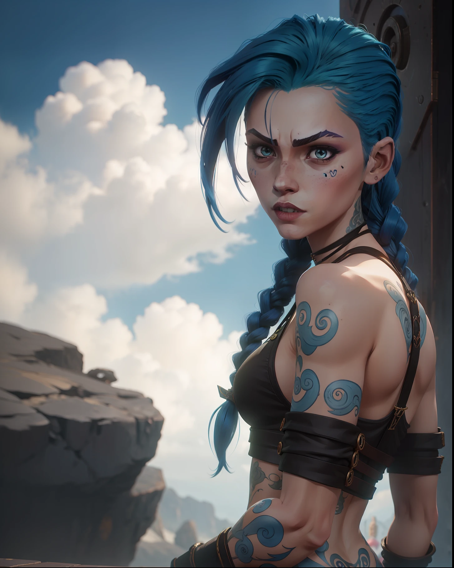 estilo Arcane, 1girl, cloud tattoo on the arm, asymmetrical bangs, franja, cabelo azul, blue braids, camisa marrom, tatuagem de nuvem, de lado, cabelo azul, cabelo longo, olhos cor de rosa, red-lips, standingn , tatuagem de nuvem, twin braids. Jinx de Arcane. Jinx. Jinx, Arcane\(league of legends\