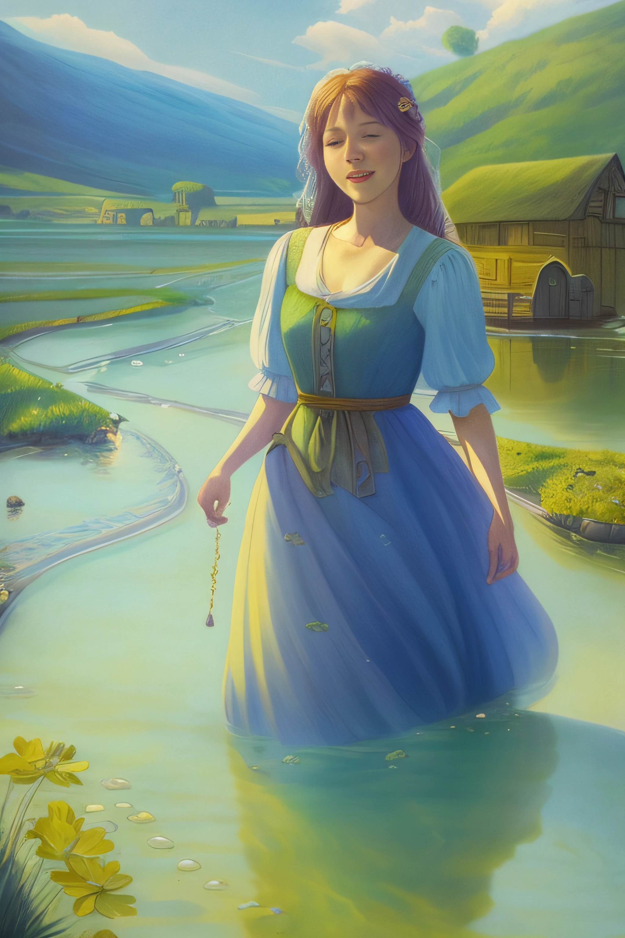 There was a woman in a dress standing in the water, Storybook illustration, fairy-tale illustration style, concept art by disney, Beautiful digital illustration, Realistic fantasy illustration, storybook illustrations, rob rey and kentarõ miura style, she is walking on a river, A beautiful artwork illustration, Beautiful character painting, Official illustration, storybook illustrations