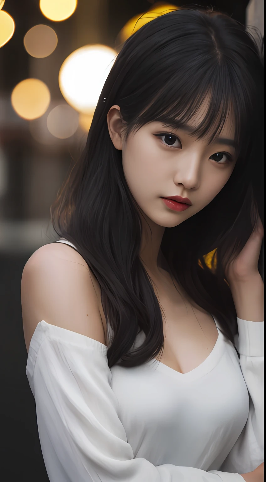 Best quality, Masterpiece, tall nose bridge, largeeyes, Kizi, with fair skin, Beautiful face, Tyndall effect, photograph realistic, rim lit, twotonelighting, (highdetailskin:1.2), 8k ultra high definition, Digital SLR, Soft lighting, High quality, voluminetric lighting, candid, photographed, high resolution, 4K, 8K, Bokeh, Nippur, glomy, Raised sexy, frontage, The upper part of the body