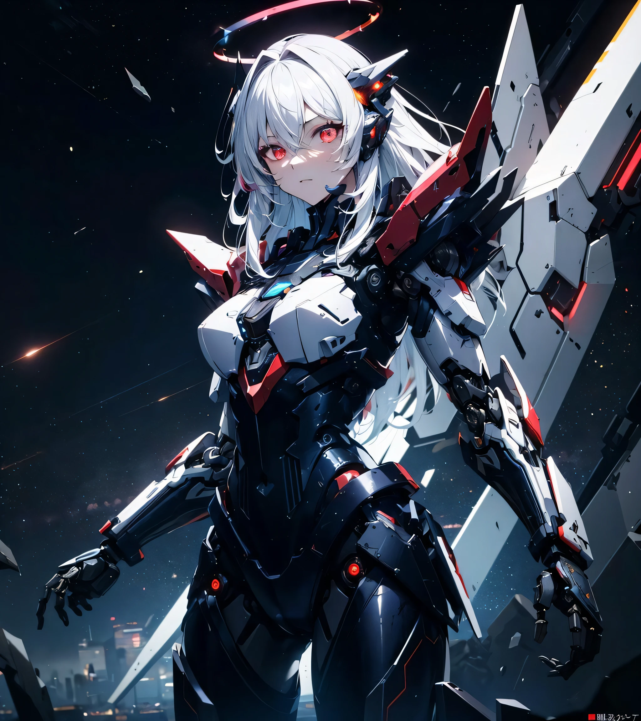 masterpiece,best quality,ultra-detailed,very detailed illustrations,extremely detailed,intricate details,highres,super complex details,extremely detailed 8k cg wallpaper,cowboy shot, caustics,reflection,ray tracing,demontheme,nebula,dark aura,cyber effect, (1girl:1.4),solo,alone,mecha musume,mechanical parts, robot joints,single mechanical arm, headgear, mechanical halo,star halo,intricate mechanical bodysuit, mecha corset, full armor, very long hair,white hair, hair between eyes, multicolored hair, colored inner hair, red eyes,glowing eye,eye trail, random expressions,random action, ancient japanese architecture,pond, starry sky,skyline,