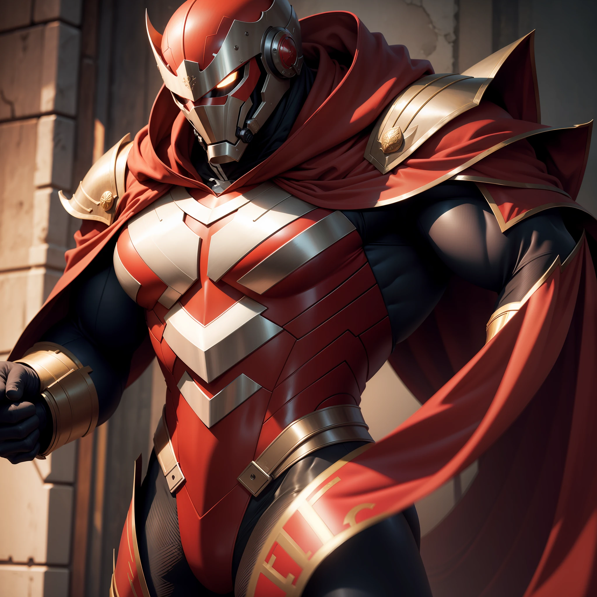 solo person，best qualtiy，Masks，Non-human，armure，Male，masculine features，Strong，Tall and strong，Single photo，Close-up photos，Look ahead，超高分辨率，tightsuit，Muscular，Majestic and handsome，Half-body armor，Armor，Abs，Thick legs，Red and white，Cloak，Burly body，