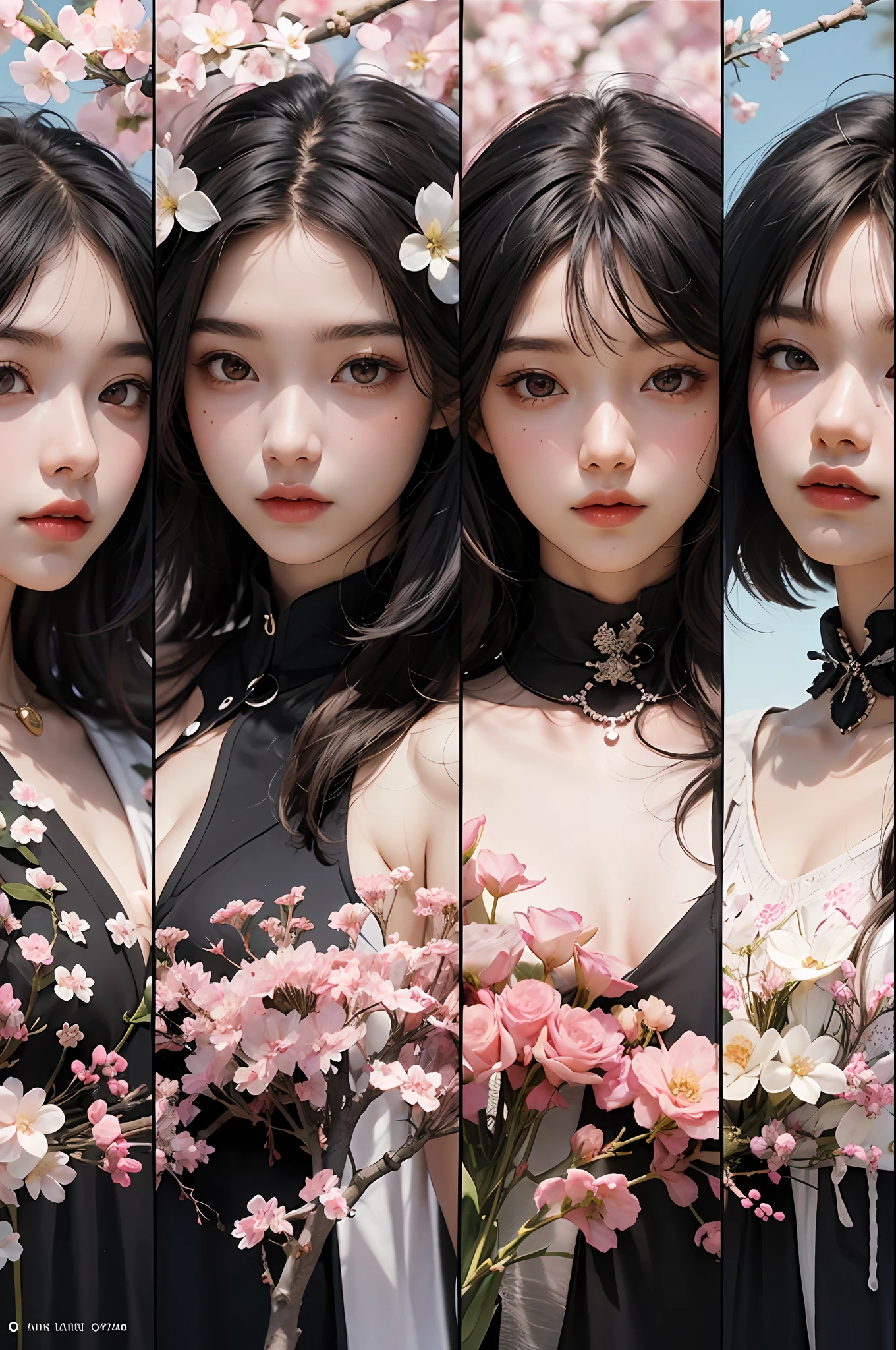 5 girls, side by side without gaps, line up, multiple hair, multiple faces, front view, character focus, black divider, one beautiful and delicate portrait of playful cute girl with cherry blossom petals floating in the background, creative art poster, creative, art,