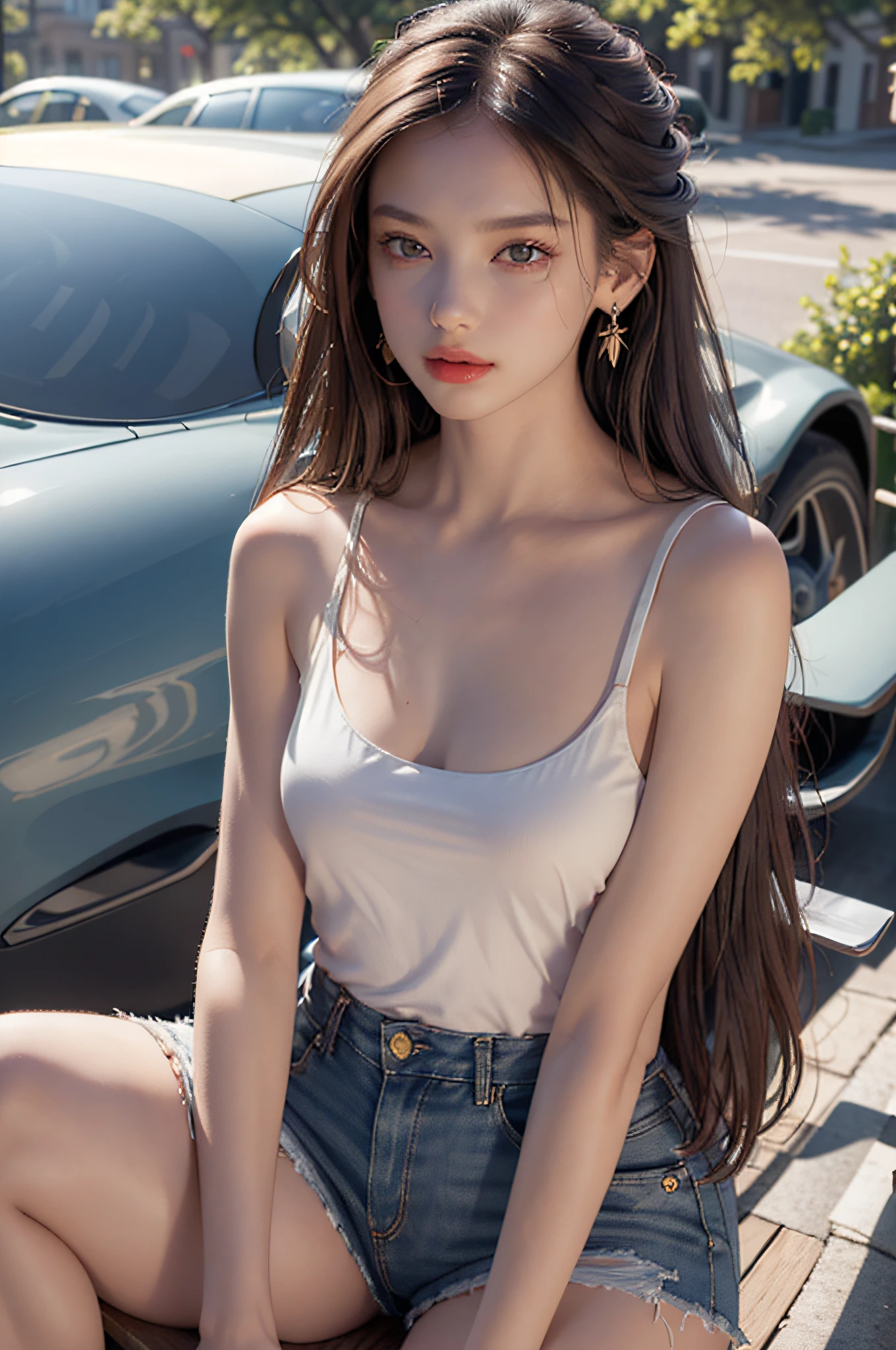 Best quality, masterpiece, super high resolution, (realistic: 1.4), original photo, (evening street), 1 girl, black eyes, looking at the audience, long hair, light makeup, lips, small ears, white t-shirt, denim shorts, earrings, sitting Ferrari, big breasts, slim