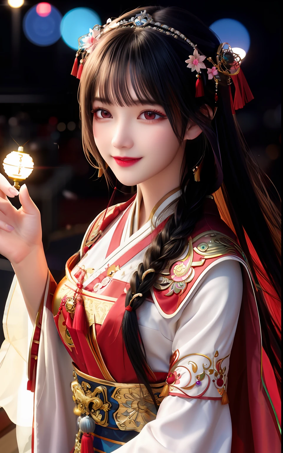 Best quality, Masterpiece,Upper body, loft, theater stage,1 girl, Mature woman, Chinese style, Ancient China, sister, Dancer, Smile, brunette color hair, Princess cut, Fried dough twisted braid, Coiled hair, Double ball head,Streamers, Light pink lips, calm, Intellectual, Red eyes, nipple tassels, Silver, Beads, Flowers, offcial dress, capes, Silk skirt, Embroidery, Fine face, facial closeups, Close-up of the hand,Colorful clothes,Beautiful face,Photorealistic, rim lit, twotonelighting,(highdetailskin:1.2), 8K  UHD, Digital SLR, Soft lighting, High quality, voluminetric lighting, photographed, high resolution, 4K, 8K, Bokeh