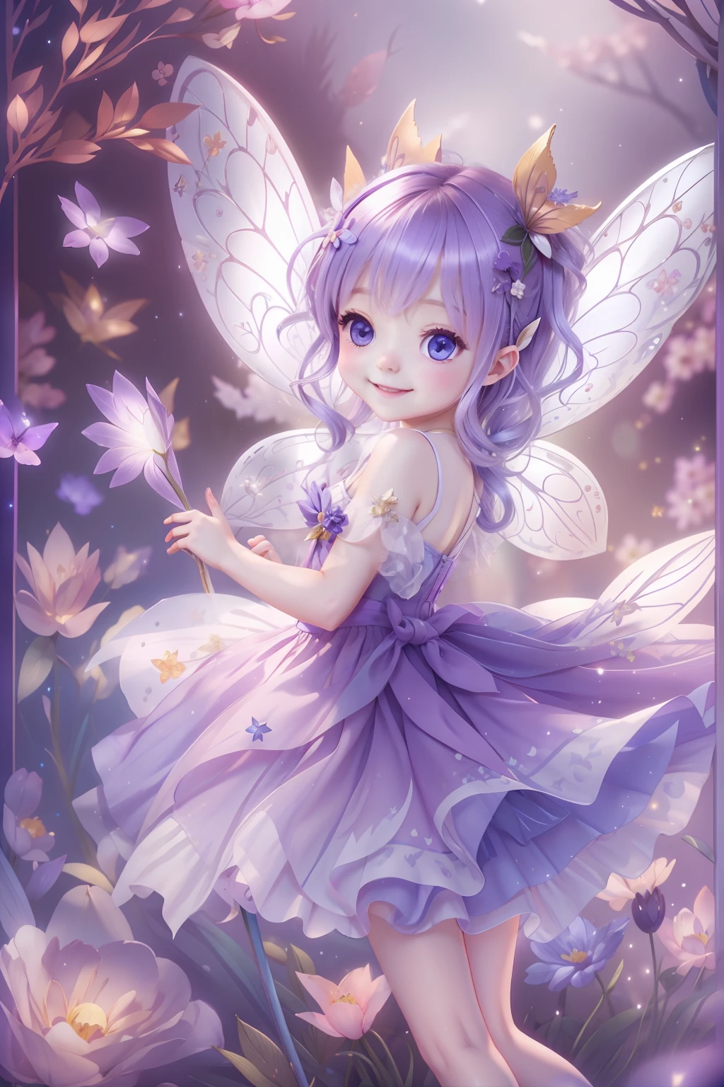 Cute fairy with a sense of transparency、Bright smile、Have fun playing、Beautiful background、Bright background、Purple background