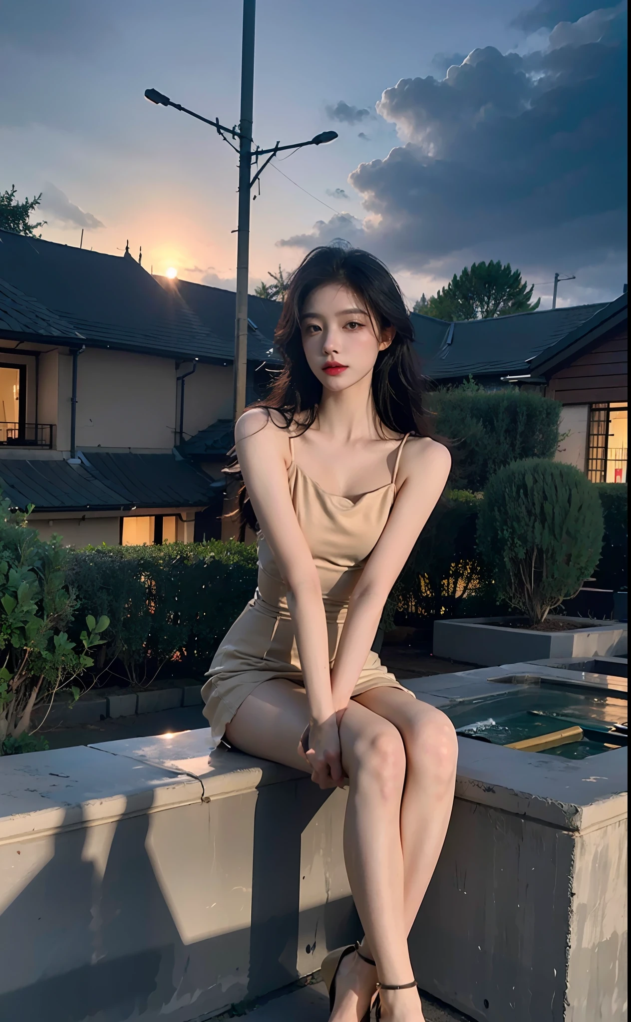 （8K，best qualtiy，tmasterpiece：1.2），（realisticlying，realisticlying，photo-realistic：1.37），1girll，Hyper-detailing，beatiful detailed eyes，Beautiful detail nose，whitet-shirt，Frilled shoulders，Bare shoulders，Full body photo，seductiv，（（sit on chair）），Rooftop，railing，small town，Tower，telephone poles，plant，Front lens，nigth，the night，dark stormy clouds，the setting sun，White skin of the，（opening legs：1.5），Flawless legs，high-heels，（（（Hosiery）））