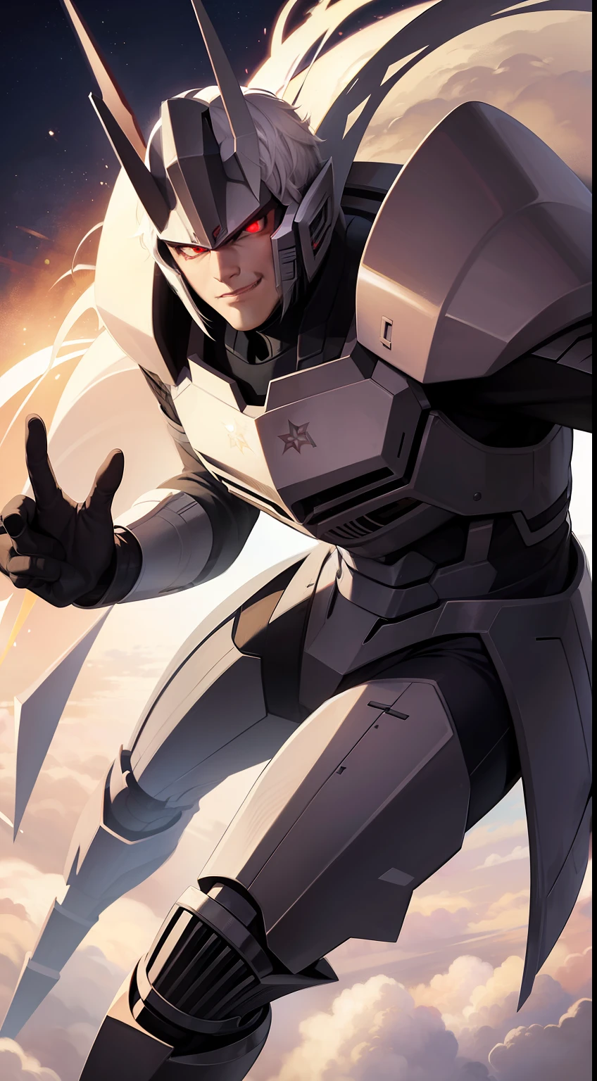 adult man, short white hair, red eyes, Decepticon armor, Starskrim, smirk, flying, Masterpiece, hiquality