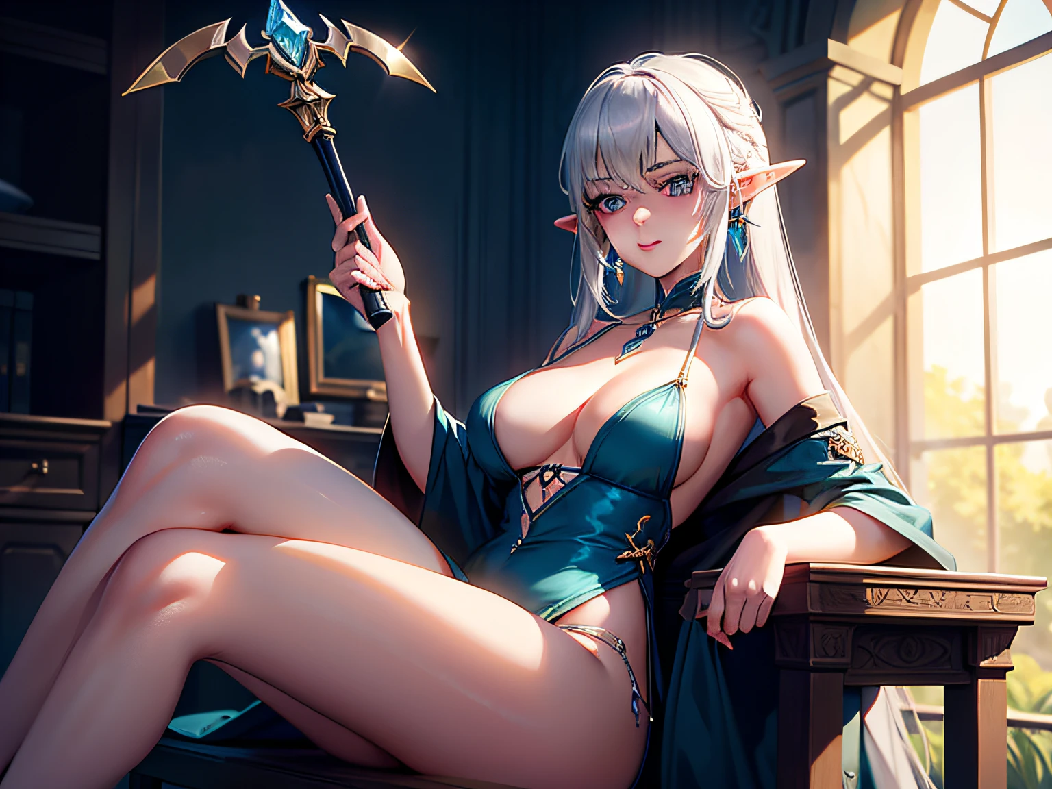 World of Warcraft style,Cute elf girl,Sit in a bright interior,slenderness,With Ultra HD details,Professional lighting and lighting。Delicate short silver-white hair,Tall and sexy,medium boob,Sexy mature clothing,From her delicate face and hair to the sparkle in her ultra-delicate eyes,Render it all,Great attention to detail。 A long-handled weapon in his hand,A pair of delicate earrings,Delicate necklace,A light breeze