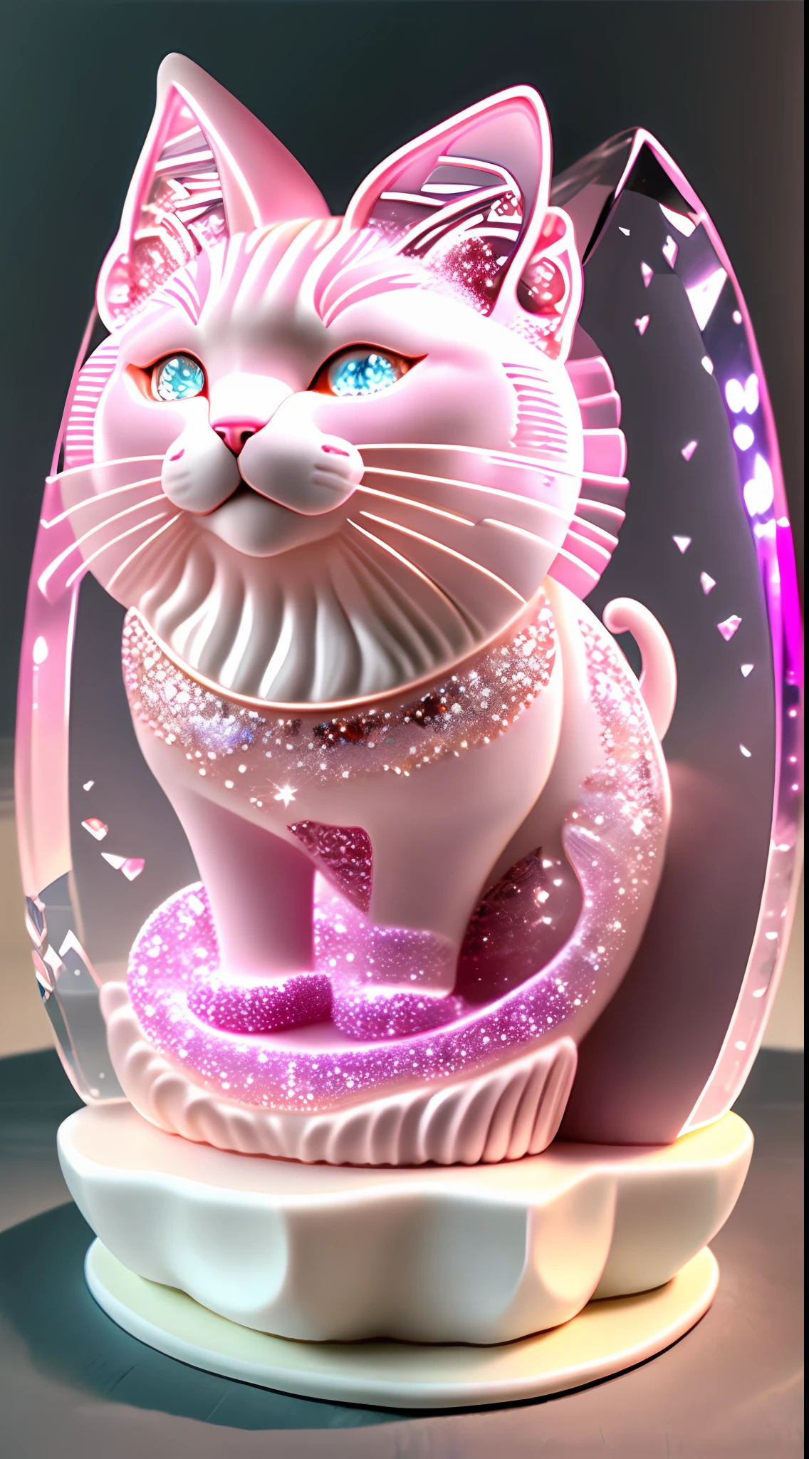 "The mid-career multiverse" Highly detailed cat carving "Southern Ice Cat" porcelain, Partially glazed, firewood, Art gallery,catss,laughingly,Open-mouthed,Funny,glittery,Clear crystal light pink