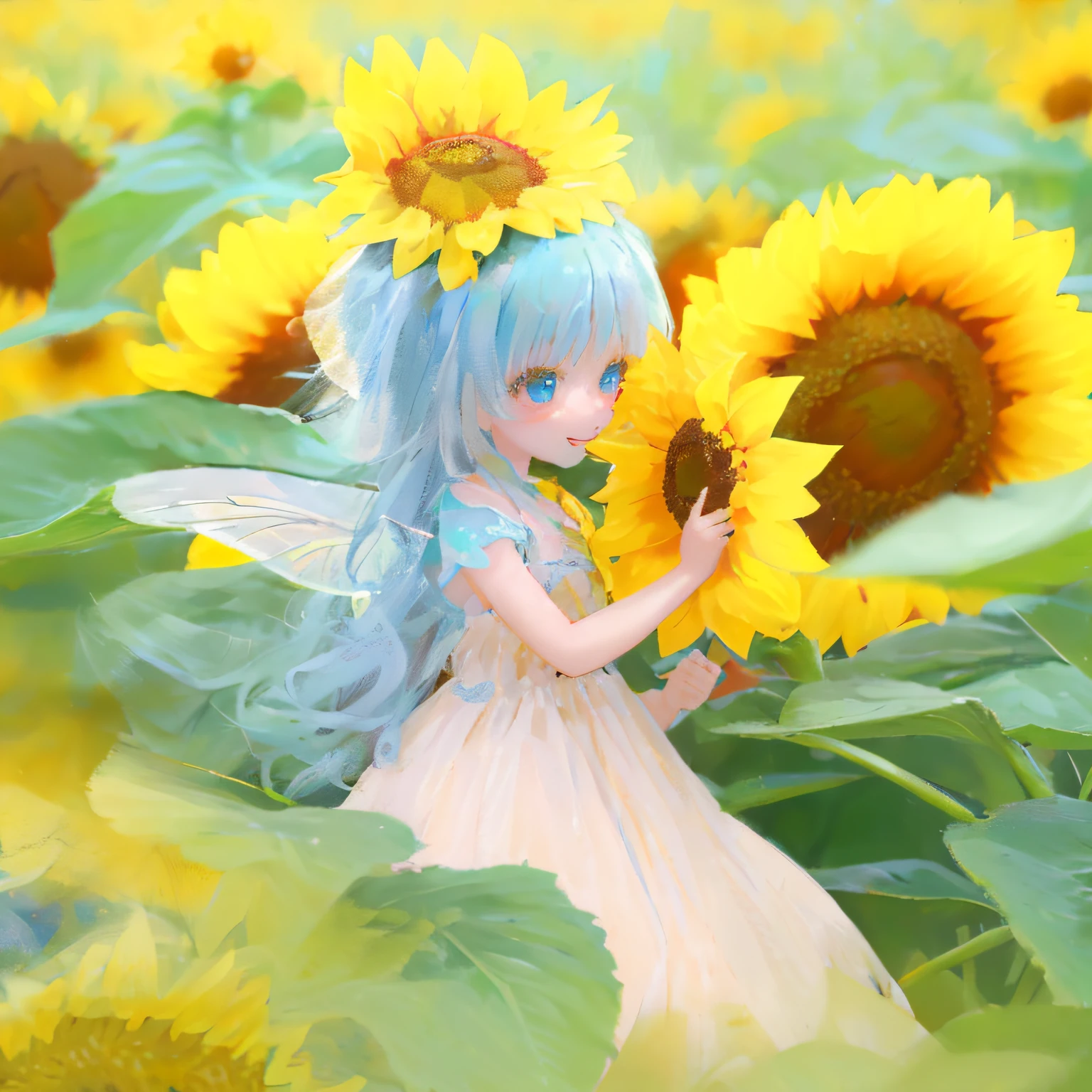 Doll standing in sunflower field talking to the sun, Beautiful sunflower anime girl, dollfie dream, Scene: Sunflower field, Scene : Sunflower field, beautiful fairies, beautiful fairies, good smile company fantasy, fairylike, good smile company anime style, fairycore, 🌺 cgsociety, faerie, smiling as a queen of fairies, space flower fairy