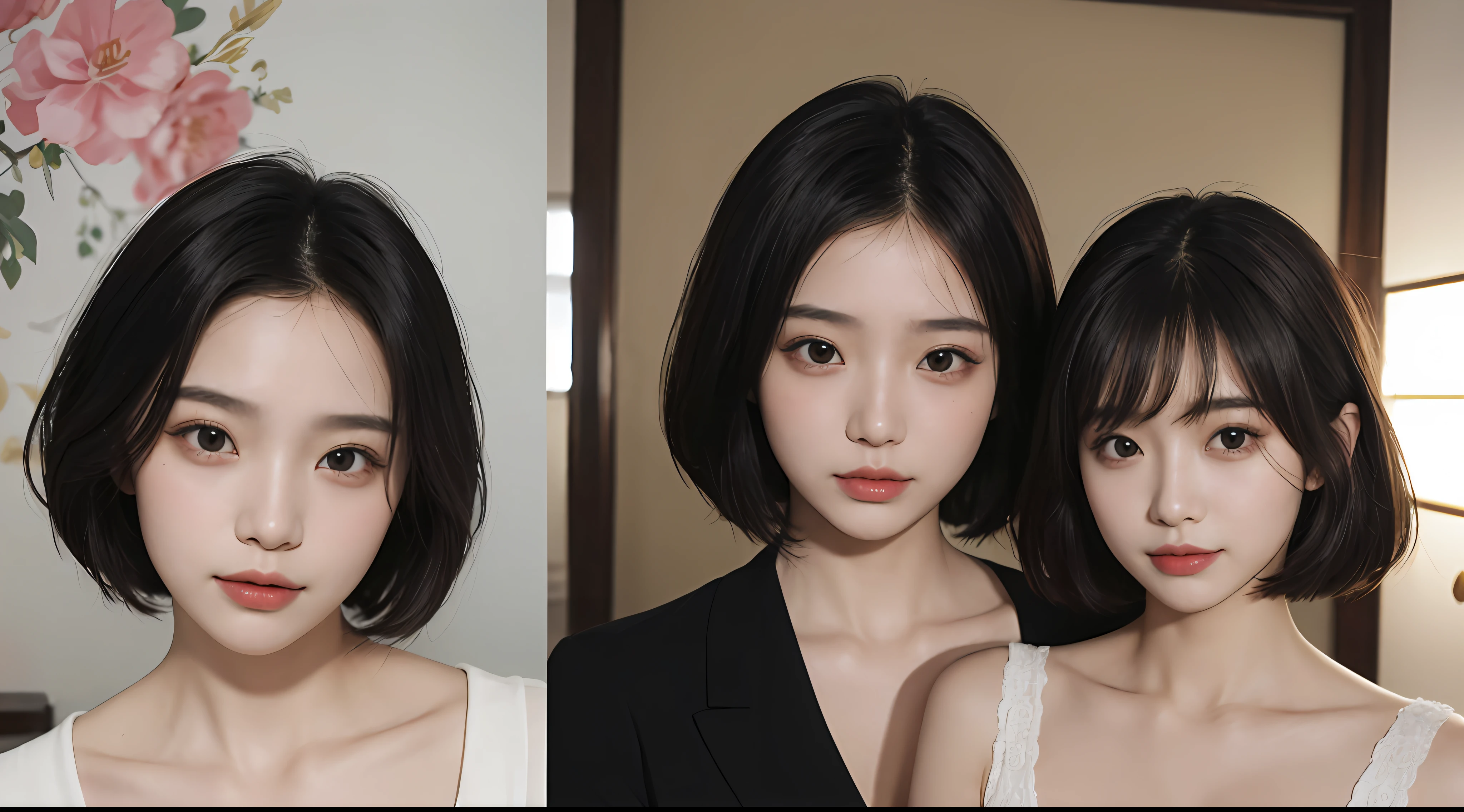 ​masterpiece、The highest image quality、hightquality、Beautuful Women、japanes、Popular Korean Makeup、detaileds、Swollen eyes、A detailed eye、Detailed skin、Beautiful skins、超A high resolution、(Realistis:1.4)、very extremely beautiful、Slightly younger face、Beautiful skins、thin-waist、(A hyper-realistic)、(illustratio)、(hight resolution)、(8K)、(ighly detailed)(The best illustrations)、(beautifully detailed eyes)、(ultra-detailliert)、(wall-paper)、(详细的脸)、looking at the viewers、fine detailed、 A detailed face、pureerosfaceace_v1、a smile、Looking straight ahead、photos realistic、Bright lighting、profetional lighting、A dark-haired、(((very_short_hair)))、brightly lit room、painterly、picture frame