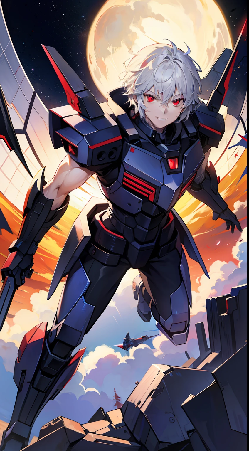 adult man, short white hair, red eyes, Decepticon armor, Starskrim, smirk, flying, Masterpiece, hiquality