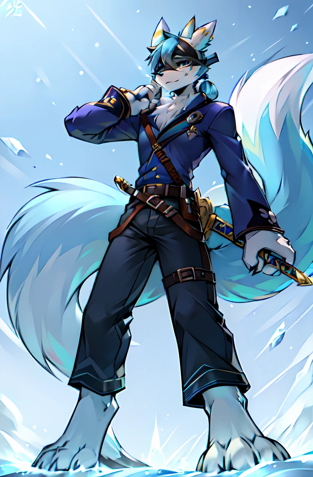 a close up of a ((White Fur)) ((masculine ))Renamon like digimon \(creature\))) with ((long navy-Blue hair with light blue )) , ((Done in a Low hanging Ponytail)),Big ((fluffy tail)), Ice Crystals in Gauntlets ,((Belt , Sword)) , Dynamic pose, Mid swing , expression( Smug), ((Eye patch))